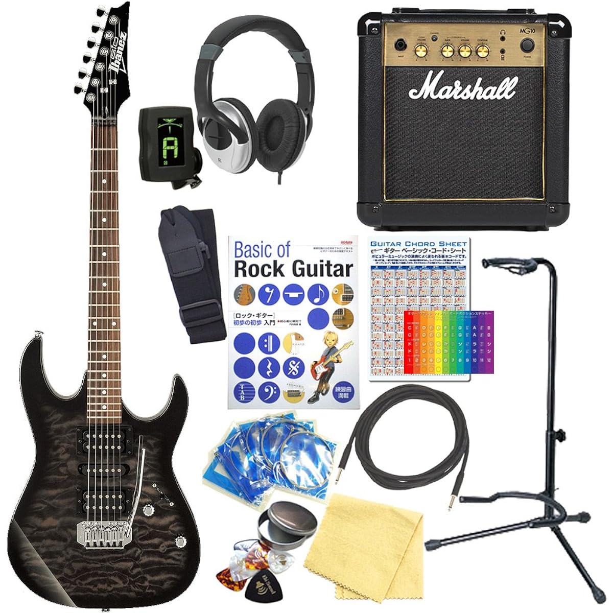 Ibanez GRX70QA TKS Electric Guitar with Marshall Amplifier, Beginner's 15-piece Set