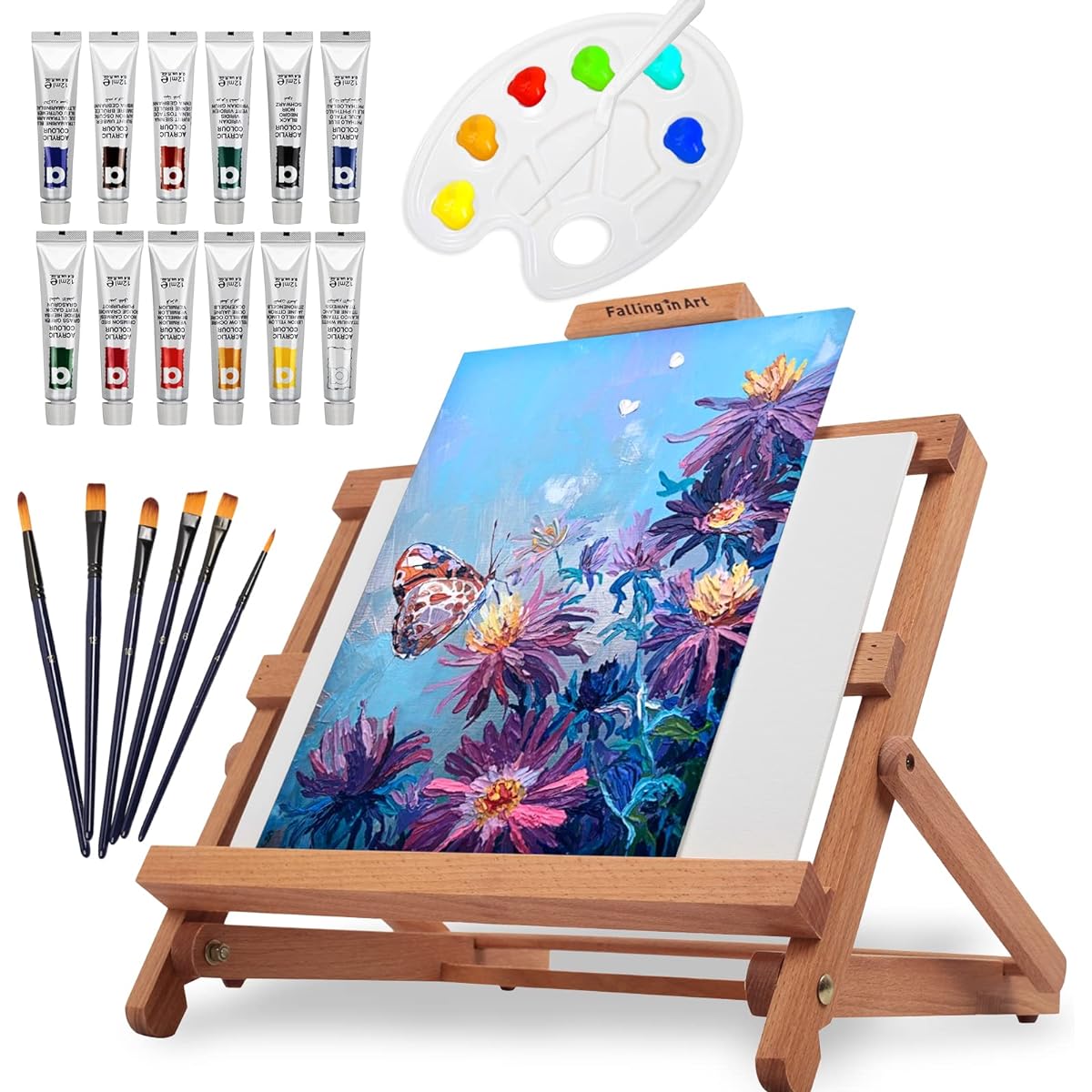 Falling in Art Easel Set Adjustable Table Easel Starter Kit with Acrylic Paint Tubes, Canvas Panel, Brushes, Palette and More