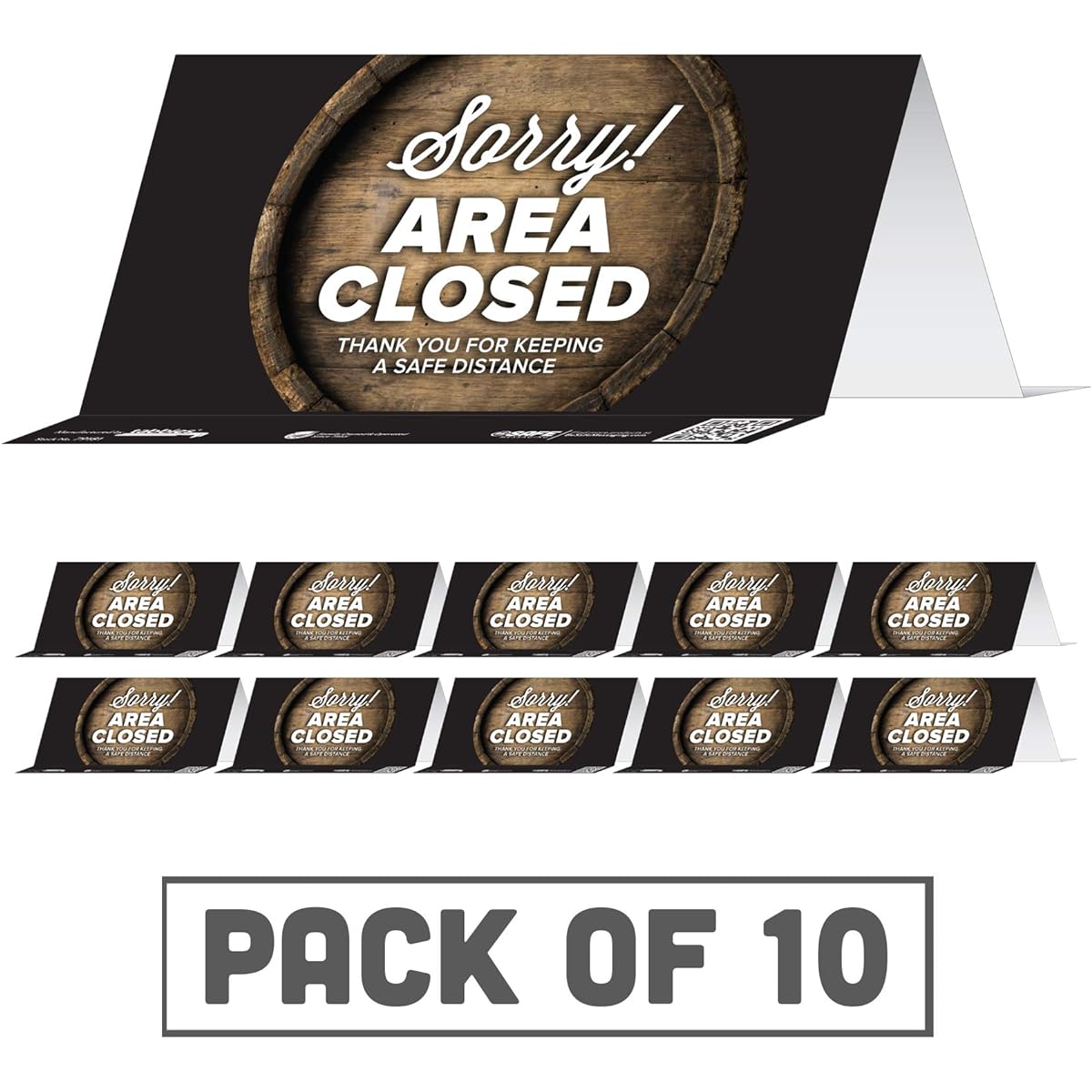 BeSafe Messaging "Sorry! Area Closed, Thank You for Keeping a Safe Distance" Barrel, Tabletop Tent Cards, 8"x3.8", Restaurant Safety Signs, Reusable (10 Pack)