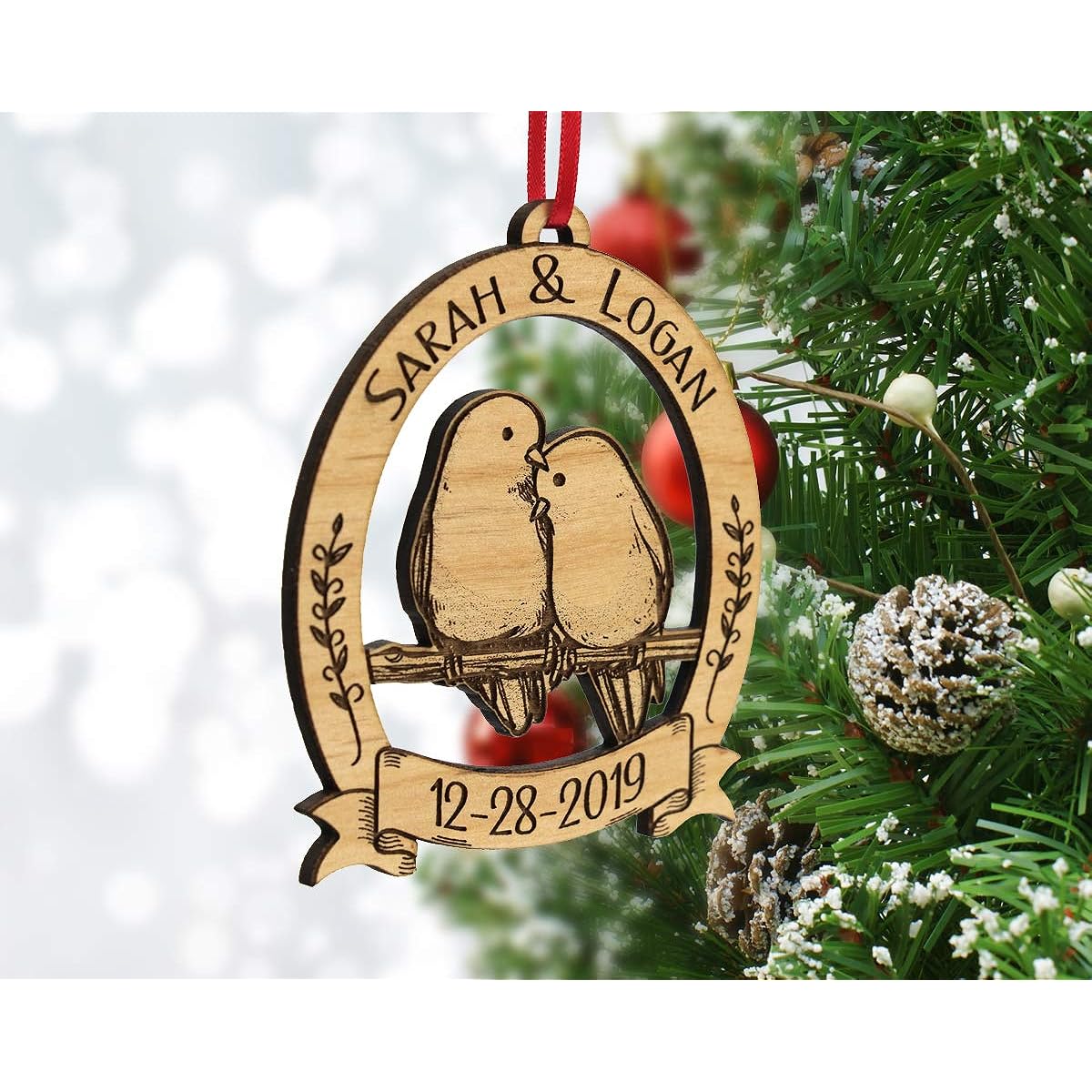 Newlywed Christmas Ornament Lovebirds Personalized Heart Tree Trunk Design Mr Mrs Wedding Date Name Engraved Couple Our First Christmas Gift Her Engagement Together 3" Brown Orn-Wood-LoveBirds-Pers