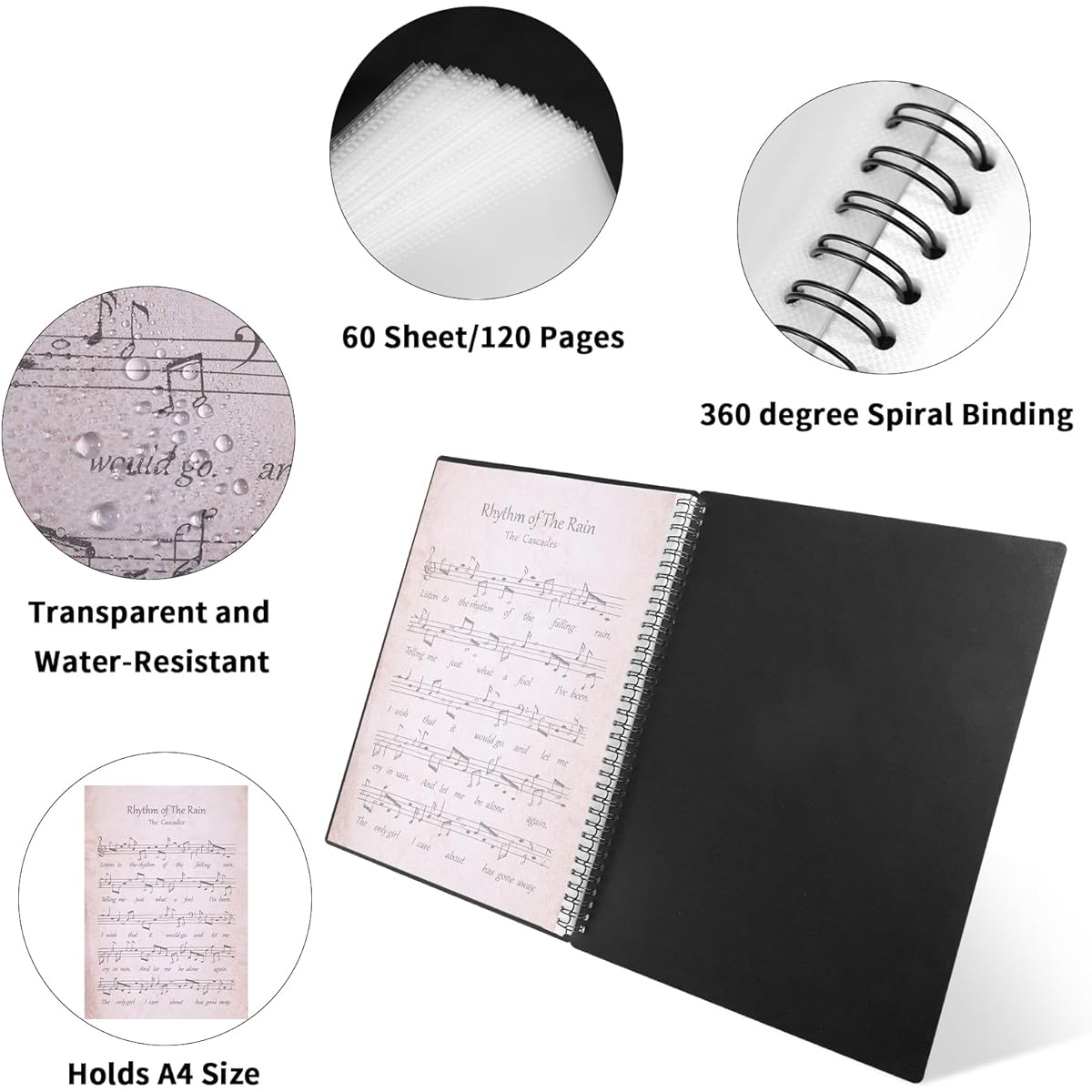 JIANTA Sheet Music Folder A4 120 Pages Spiral Binder Music File Folder 8.5x11 Inch Paper Document Storage Holder Bag Blank Plastic Concert Choir Folder