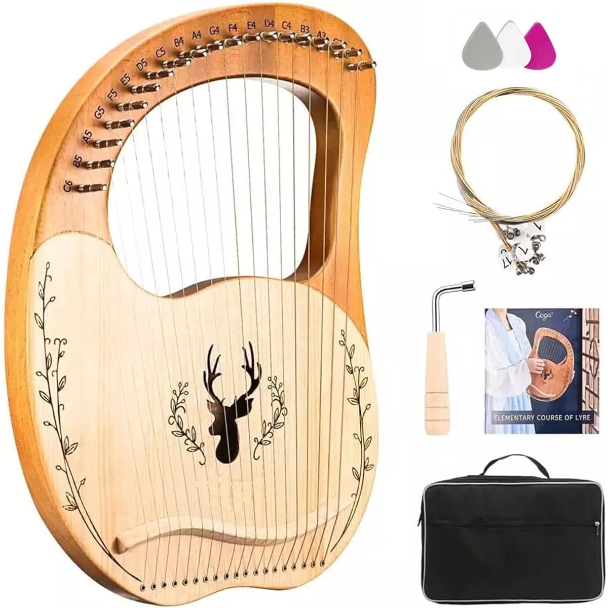 WowZza Lyre Harp, Metal String Mahogany Instrument, Tuning Wrench, Spare Strings Included/-/19 Strings