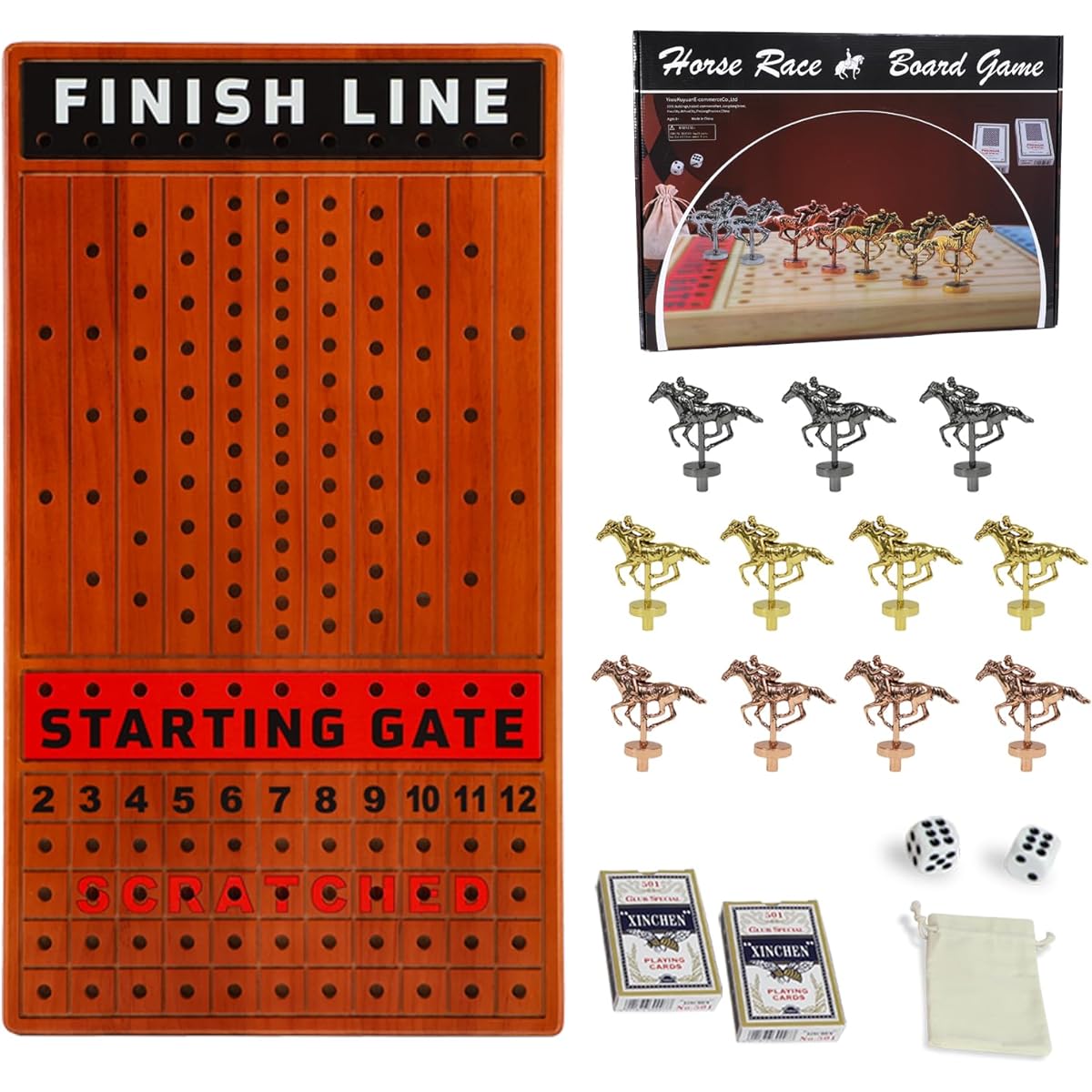 Jyquorp 21" Horse Racing Board Game, Race Game, Solid Wood, Luxury and Durable Classic Metal Horse Finish Line Horse Racing Game, Includes 4 Dice and 2 Boxes of Cards (Shallow Walnut)…