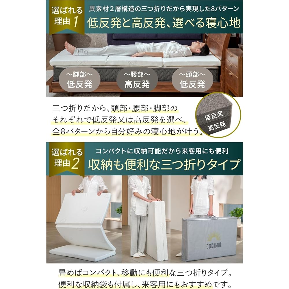 GOKUMIN Mattress, Tri-fold, High/Low Resilience, 2 Layer Structure, Thickness 6cm, 34D Bed Mat, Futon, Antibacterial and Deodorizing Treatment [High Resilience and Low Resilience Hybrid Mattress that Will Never Fail] (Premium White, Single (97 x 195 x 6c