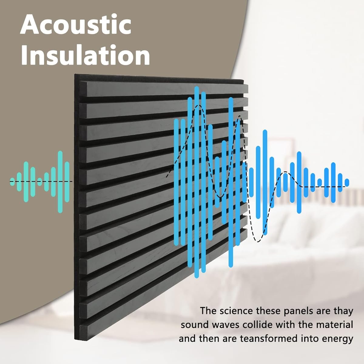 Acoustic Wood Slat Panels for Interior Wall Decoration, Soundproof Wall Panels, 3D Slat Wood Panels, Bedroom Sound Absorption Decoration, Seamless Joint, 43.3" x 18.9", Black, 2 Pieces