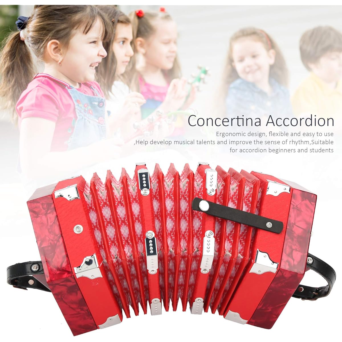 Concertina Accordion Portable Adult Professional Musical Instrument Equipment with Adjustable Hand Strap and Carry Bag Accordion for Adults Kids Children Beginners Gift (Red)