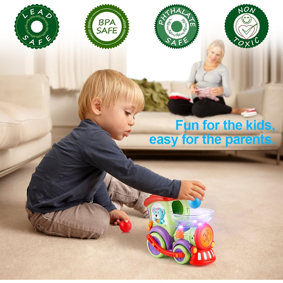 VATOS Toddler Train Toy, Ages 1-2 - Stroller Toy, 18 Months and Up, with Drop Ball, Musical Sensory Crawling Toy, Toddler Baby, 1st Birthday, Educational Toy, 1 Year Old, 2 Year Old, 3 Year Old, Kids, Girls, Boys