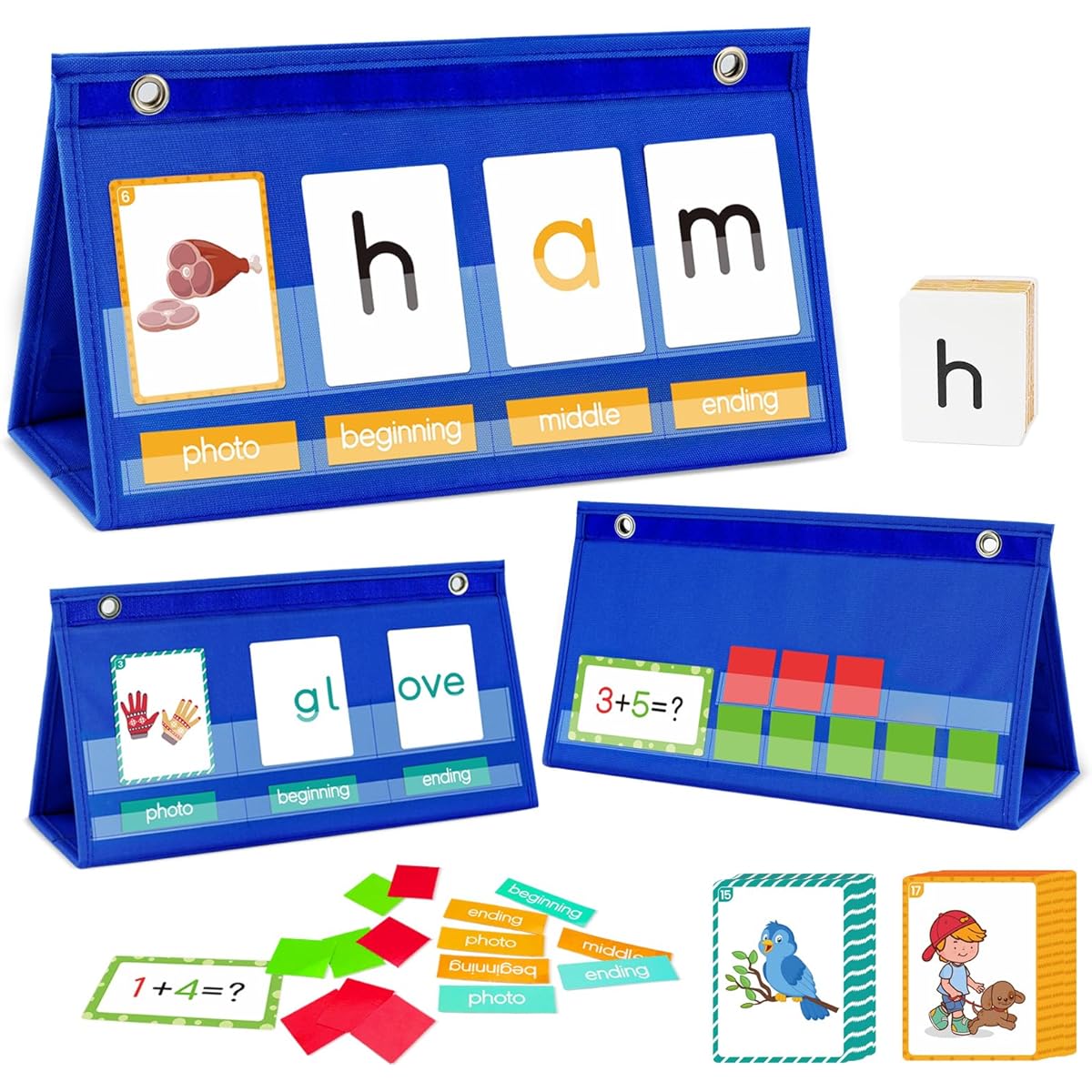 Word Building Desktop Pocket Chart Stand Card Kit Kindergarten Classroom Essentials 3-in-1 CVC Word Game Blend Digraph Phonics Flash Cards Math Manipulatives Spelling Game
