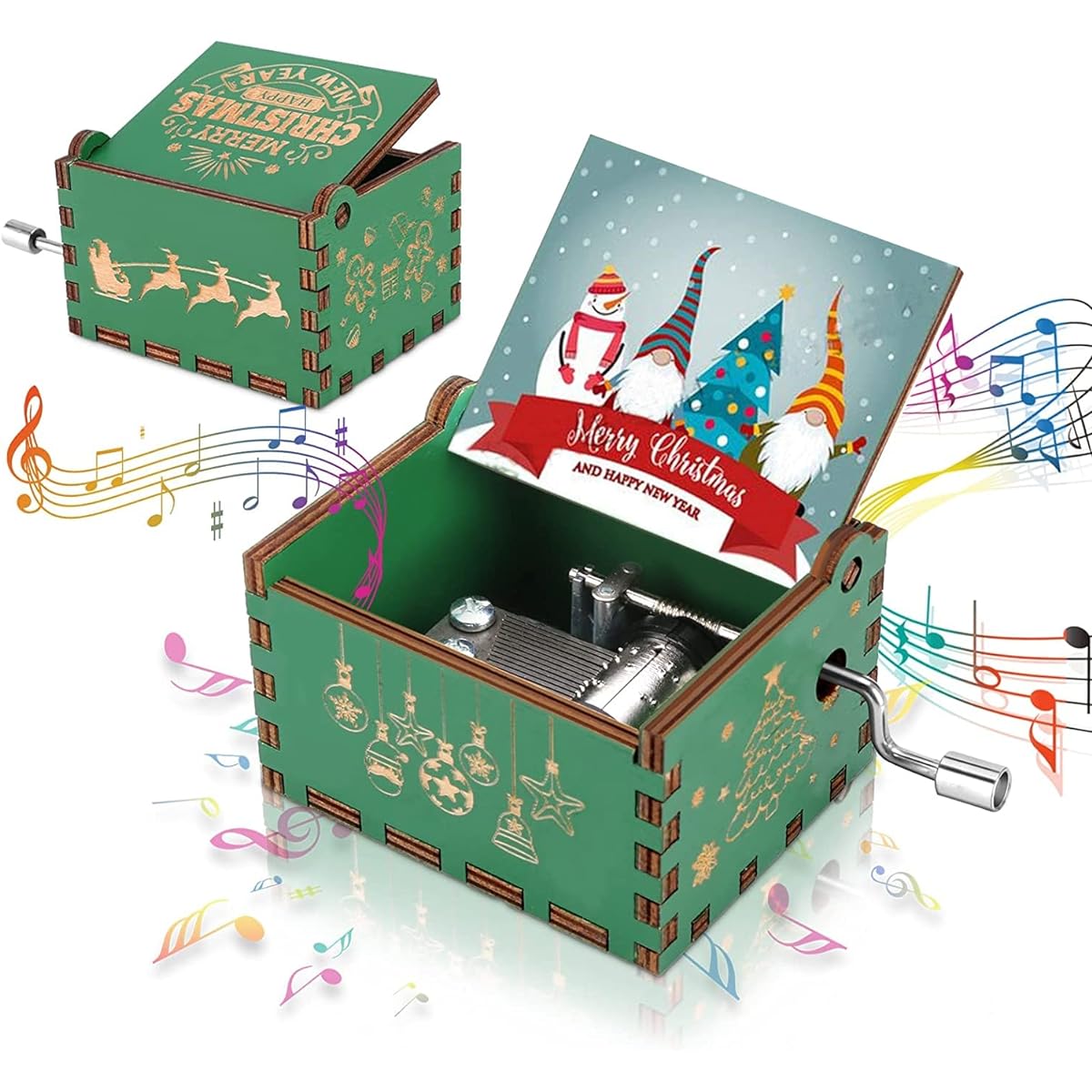 Christmas Music Box Wooden Mini Music Box Hand Crank Engraved Christmas Gnome Antique Vintage Personalizable Birthday & Christmas Gift for Girls & Boys & Mom & Daughter & Son & WiFi & Women & Friend