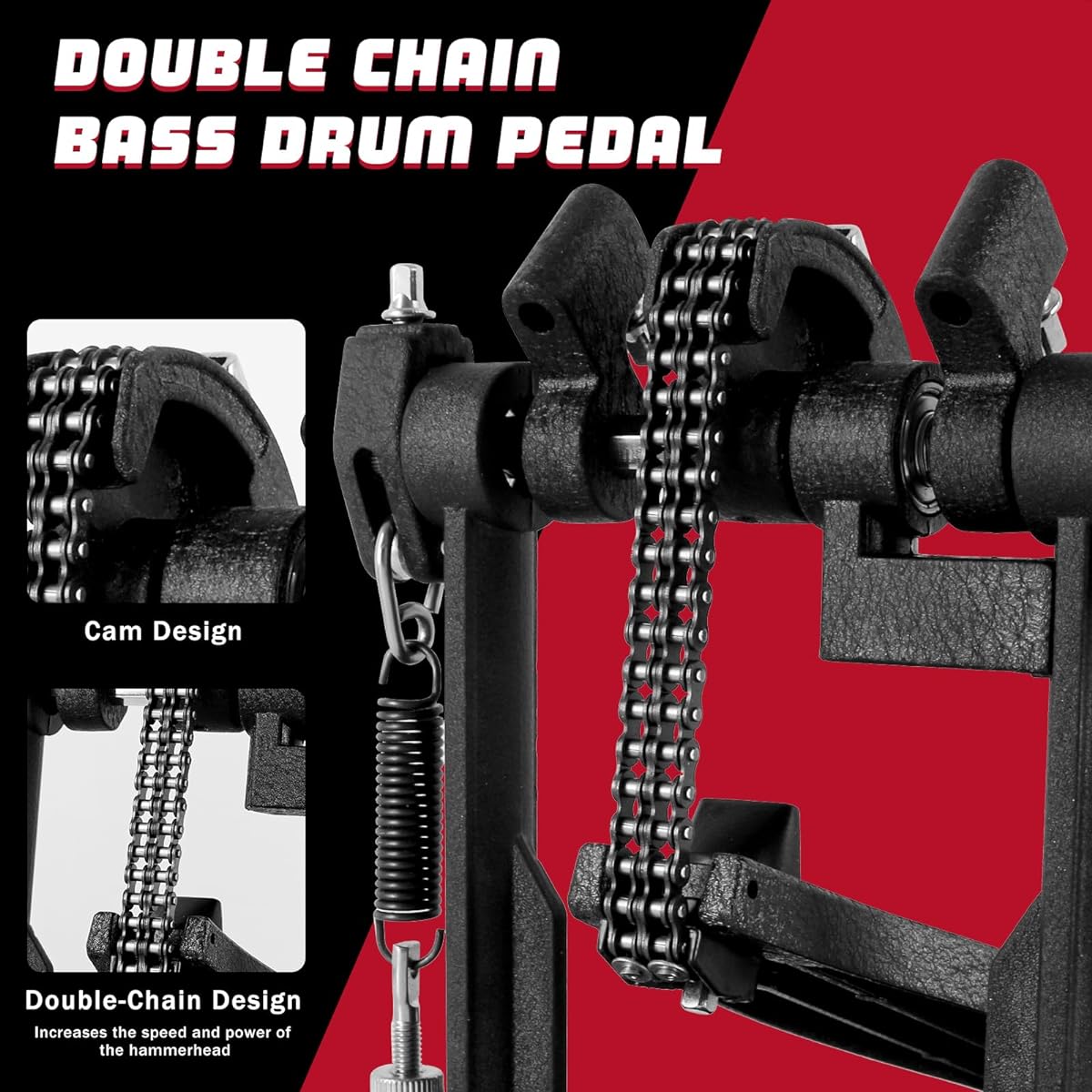 RANMING Double Bass Pedal Double Chain Drive Bass Drum Pedal Double Sided Beater Head Kick Bass Drum Pedal Anti-Slip Foot Plate Kick Pedal for Beginners/Pro Drummers