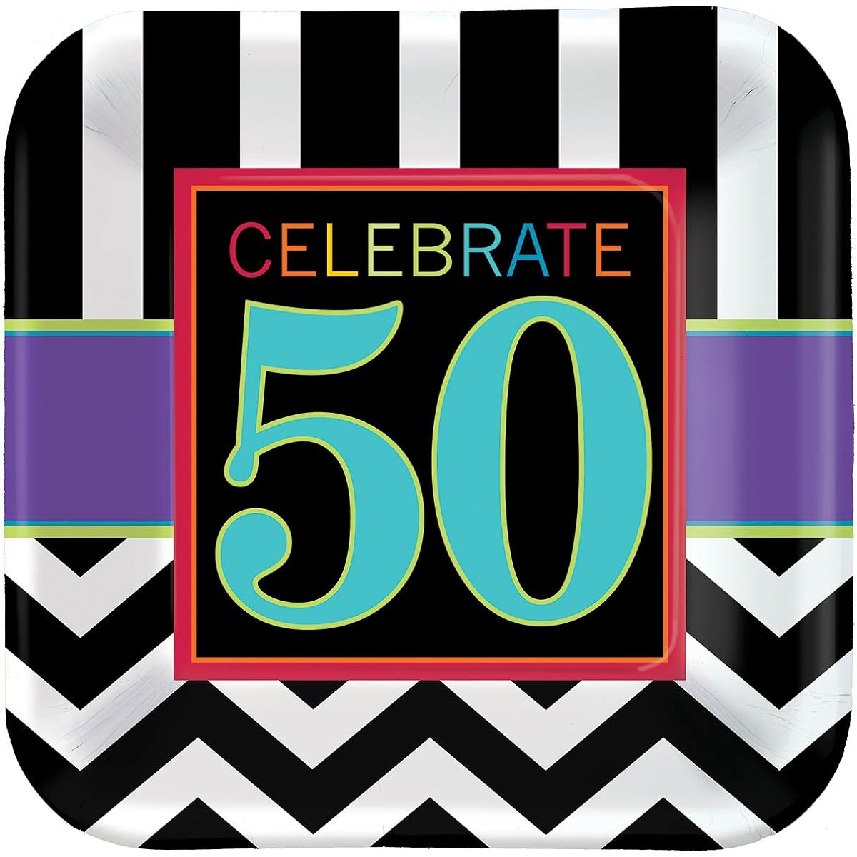 Must-Have Chevron and Stripes 50th Birthday Party Square Luncheon Plates Tableware, 8, Multipack, 9" Paper
