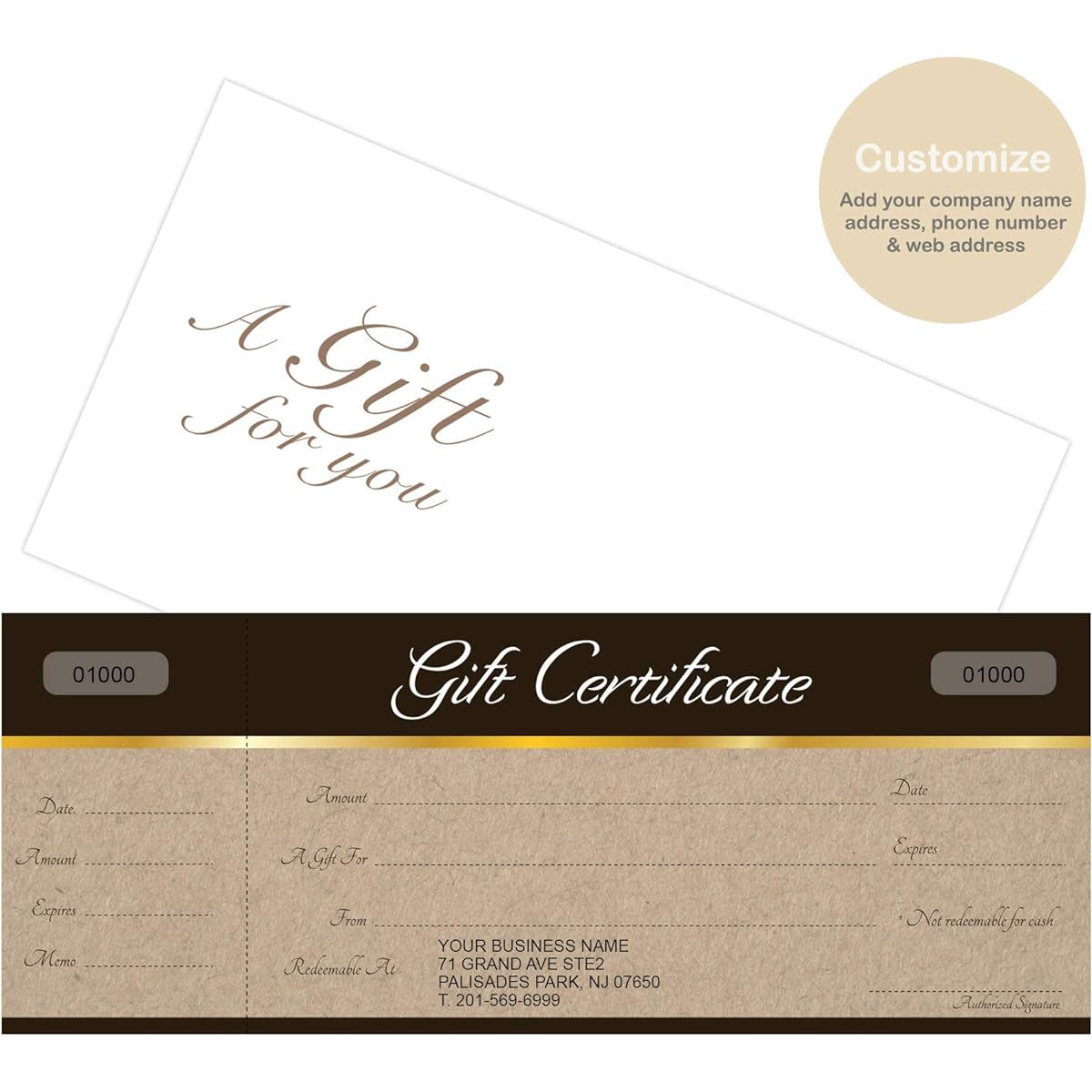 Business Gift Certificate with your store name and address, free envelopes and sequential number printing (Sephia)