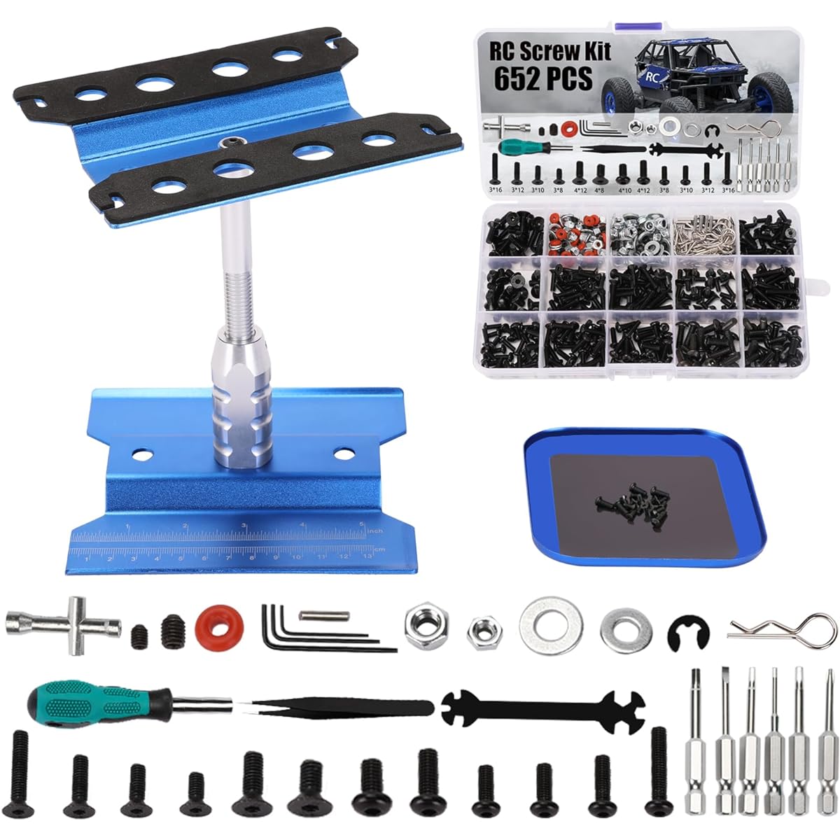RC Car Work Repair Stand, RC Screw Assortment Set, 652Pcs Universal RC Car Parts Screw Kit, RC Repair Workstation and RC Screw Hardware Fastener Set for 1/8 1/10 1/12 1/16 Scale RC Cars