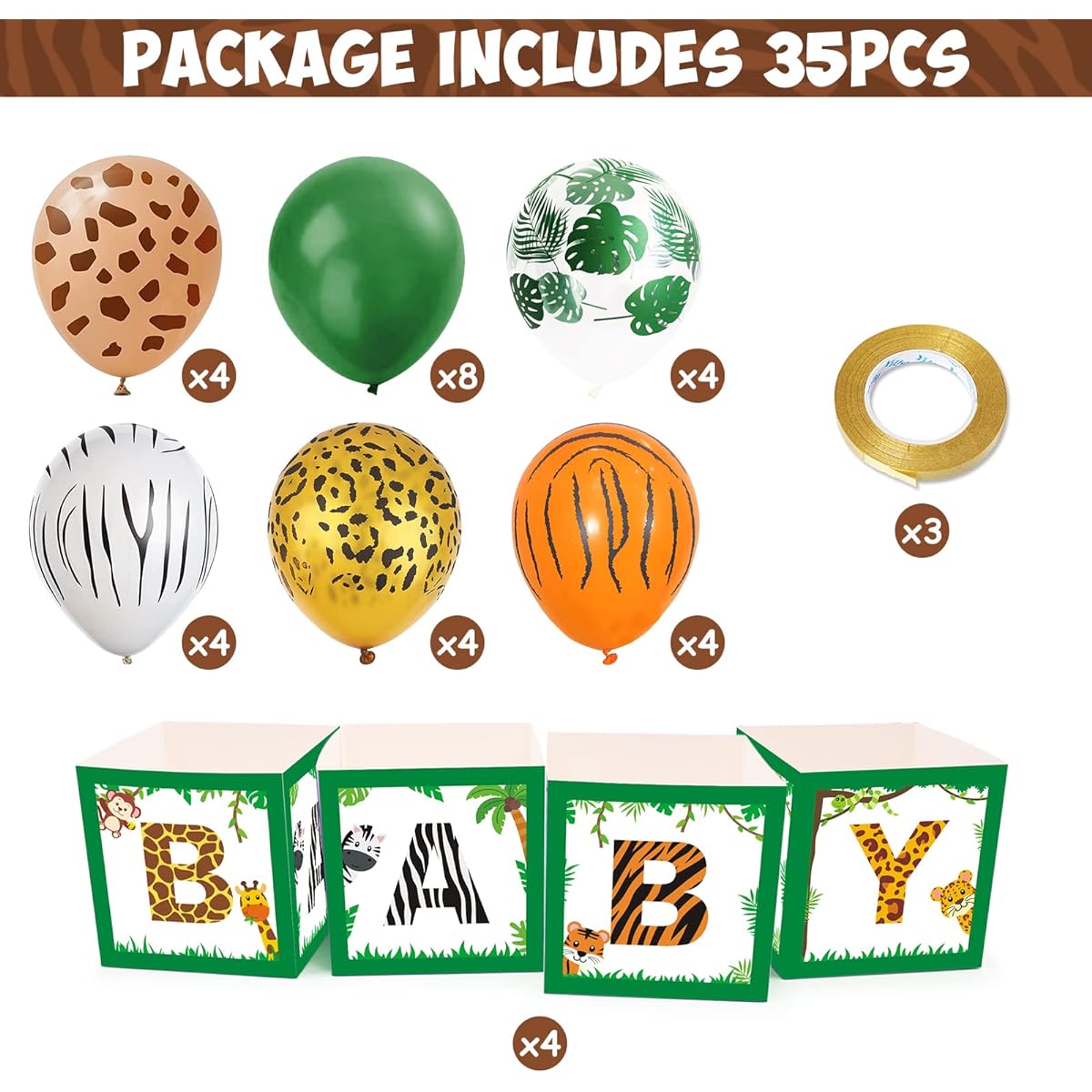 Safari Animals Baby Centerpiece Box with Balloons Flower Arrangement Box Block Holder Wild One Jungle Theme Baby Shower Birthday Party Table Display Decoration No Flowers Set of 32