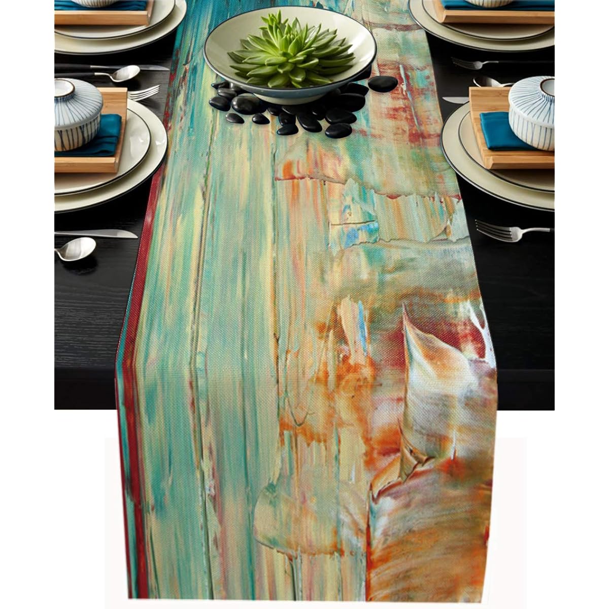 Modern Table Runner Cotton Linen Small 36 Inch Textured Abstract Oil Painting Dresser Scarf Farmhouse Table Runner for Kitchen Coffee/Dining Table Bedroom Home Living Room Holiday Dinner Scarf Decoration (13x90 Inch Green)