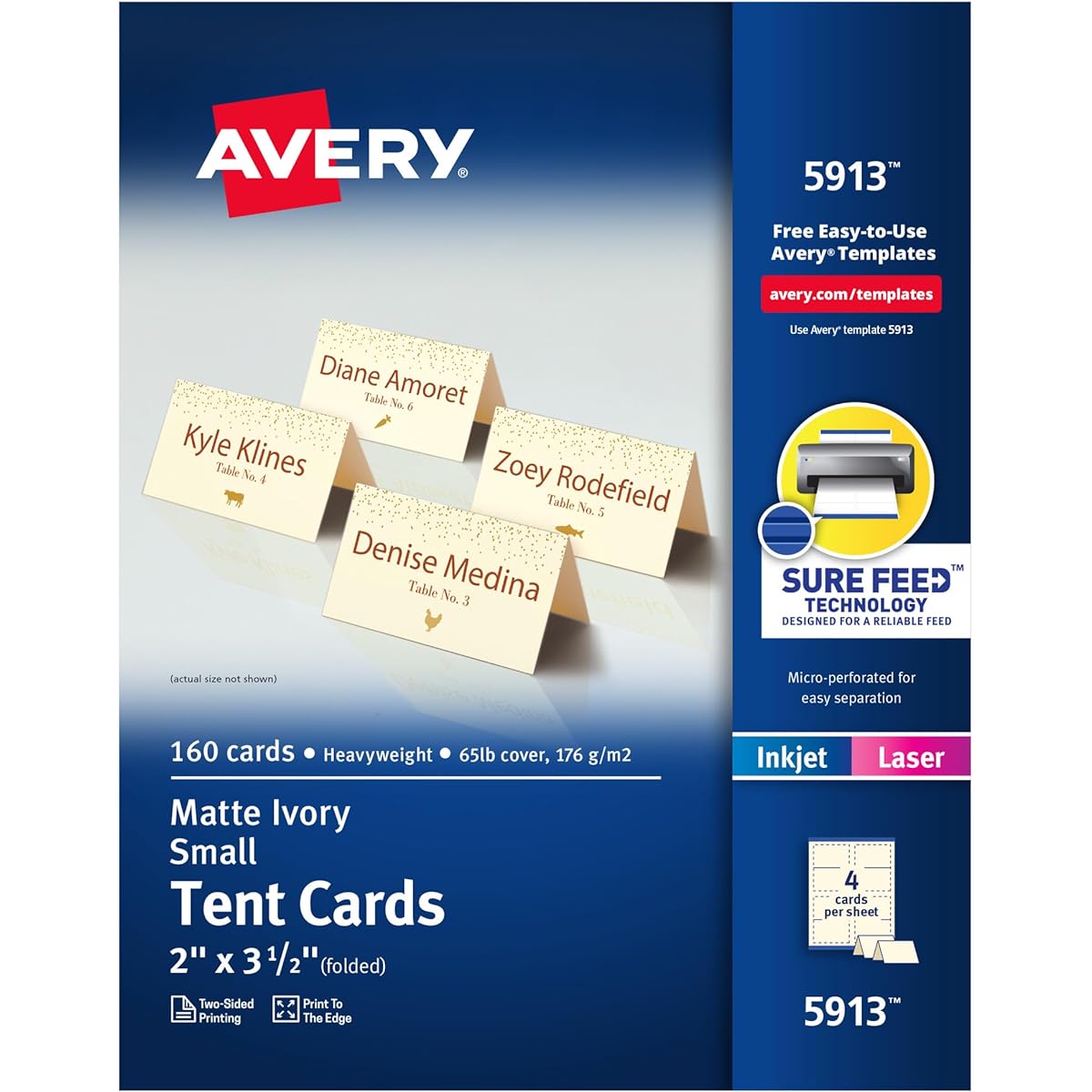 Avery Small Ivory Tent Cards, Laser/Inkjet Printers, 5.1cm x 8.9cm, Pack of 160 (5913)