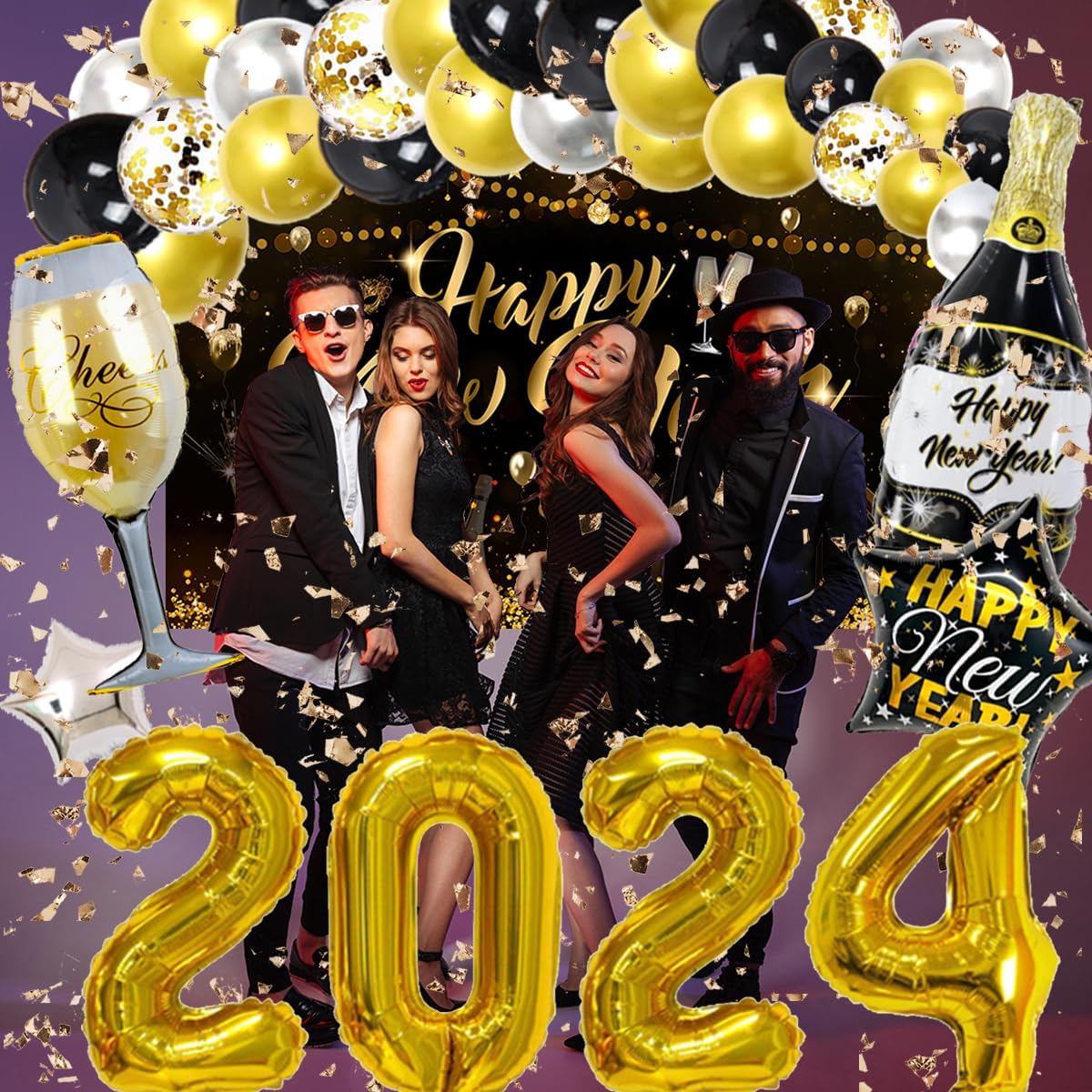 New Year's Eve Party Supplies 2023 - Happy New Year Backdrop Black & Gold Champagne Balloon Garland 2023 New Year Balloon Decorations (Gold)