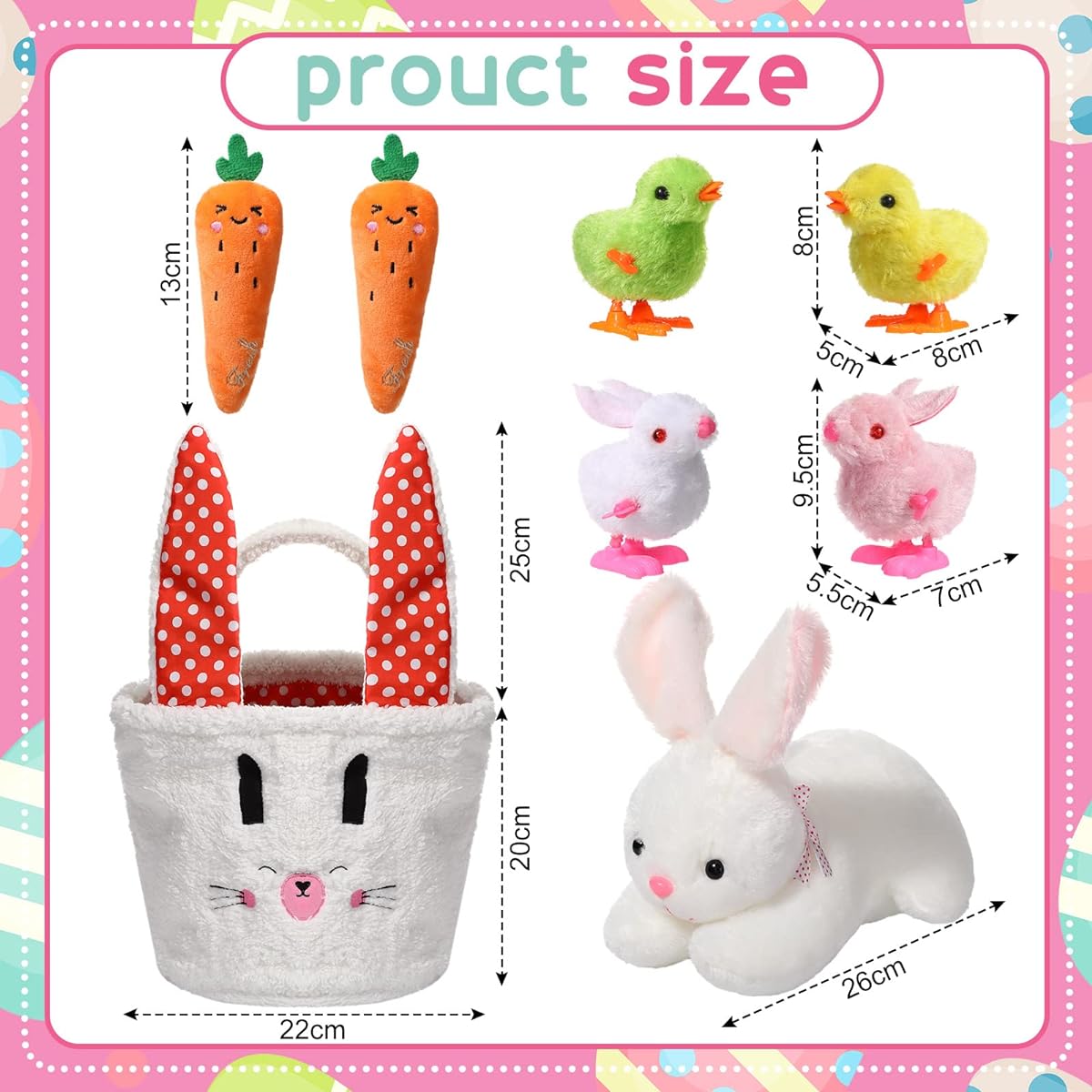 8 Piece Easter Plush Bunny Basket Set - Cute Fluffy Easter Basket with Chick, Carrot, Bunny, Rabbit Stuffed Animals for Boys and Girls, Easter Hunt Basket Stuffers, Party Favors, Gift Bag Fillers, Toy Storage