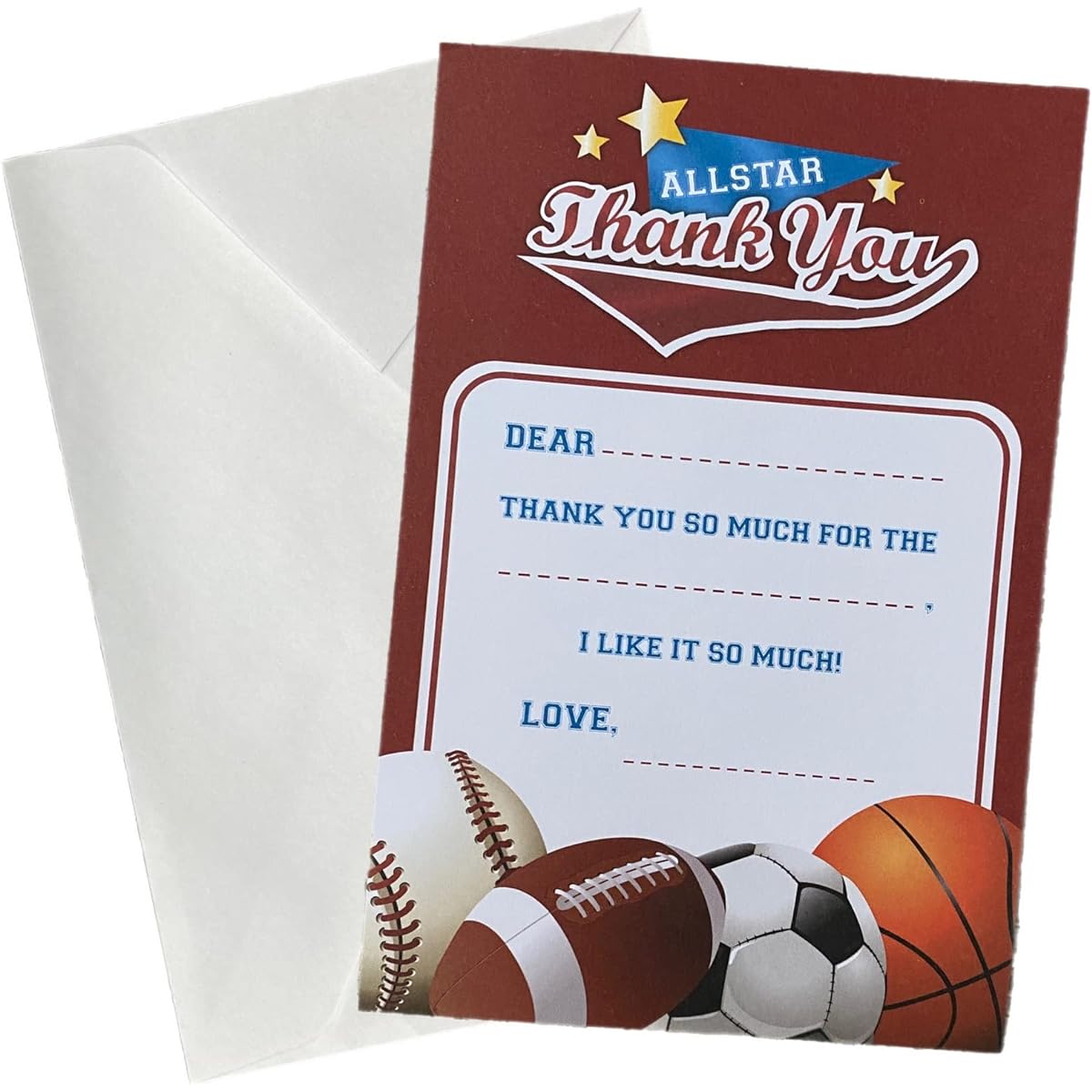 ALAZCO 24 Fill-In Thank You Postcards with Envelopes - Easy and Fun Gender Neutral Sports Theme All-Star Thank You Notes for Boys and Girls, Baseball, Basketball, Soccer, Football