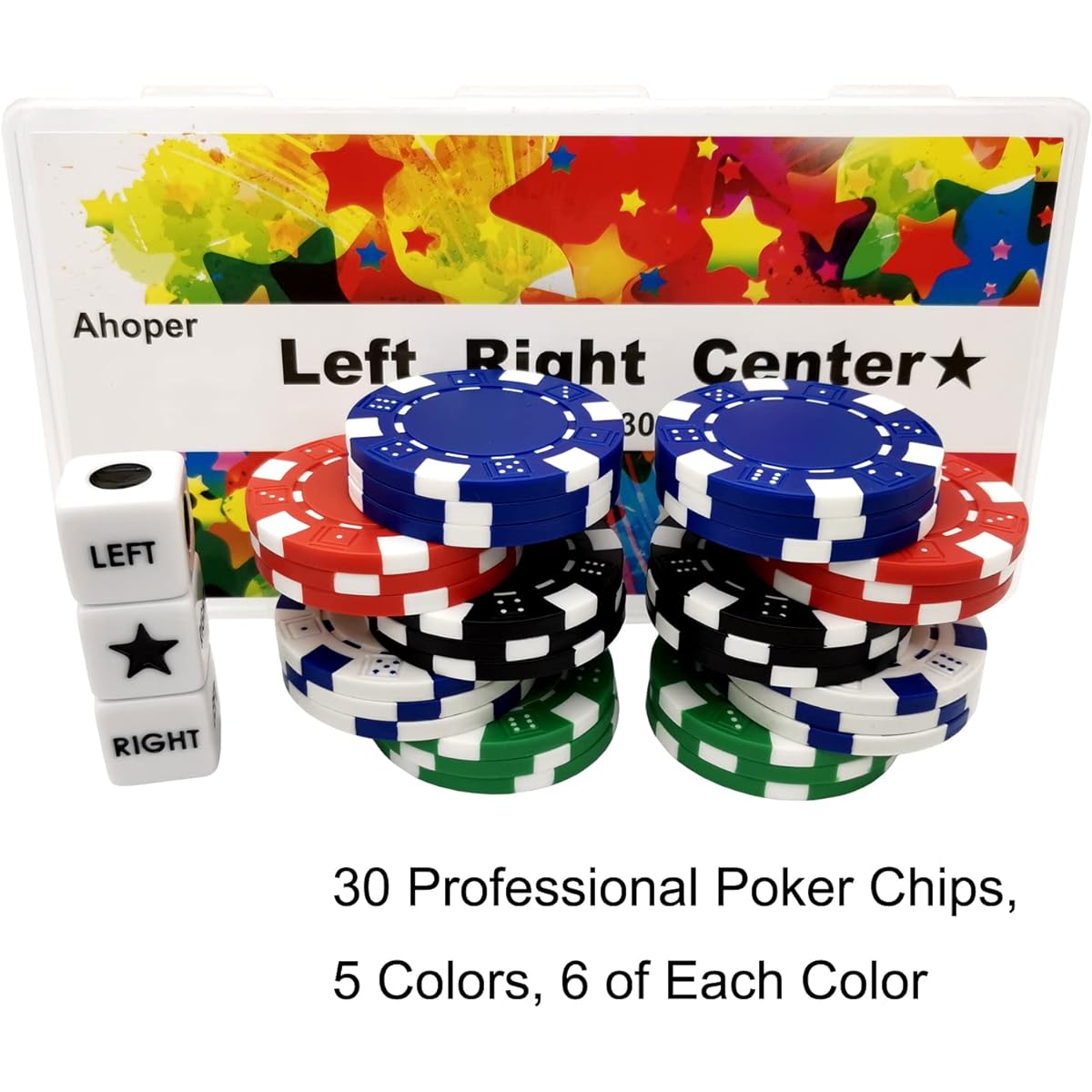 Left and Right Center Dice Game Prime Set 3 Dice + 30 Professional Poker Chips 11.5g Casino Chips Left and Right Center Dice Game with Large Poker Chips (5 Mixed Colors)