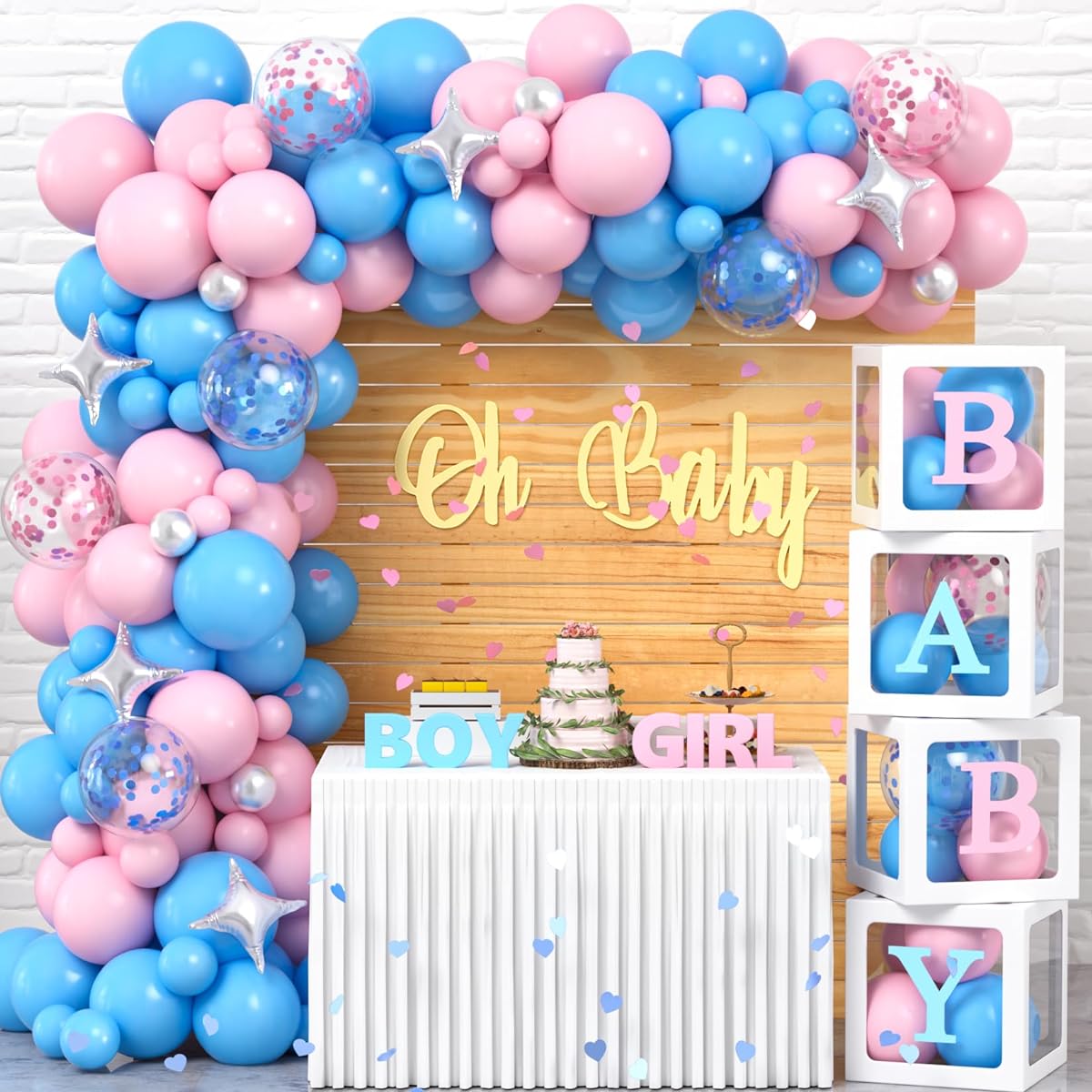 Winrayk 120pcs Baby Boxes Gender Reveal Baby Shower Decorations with Balloon Garland Arch Kit Blue Pink White Baby Letters DIY Baby Boxes 1st Birthday Decor for Boy or Girl Gender Reveal Party Supplies