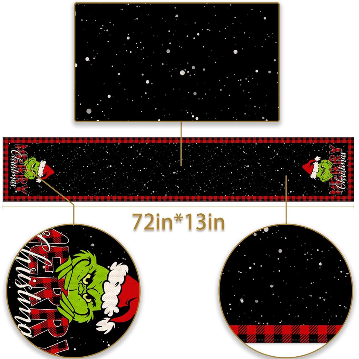 Pudodo Merry Christmas Table Runner Grinchmas Buffalo Plaid Check Winter Holiday Party Fireplace Kitchen Dining Home Decoration