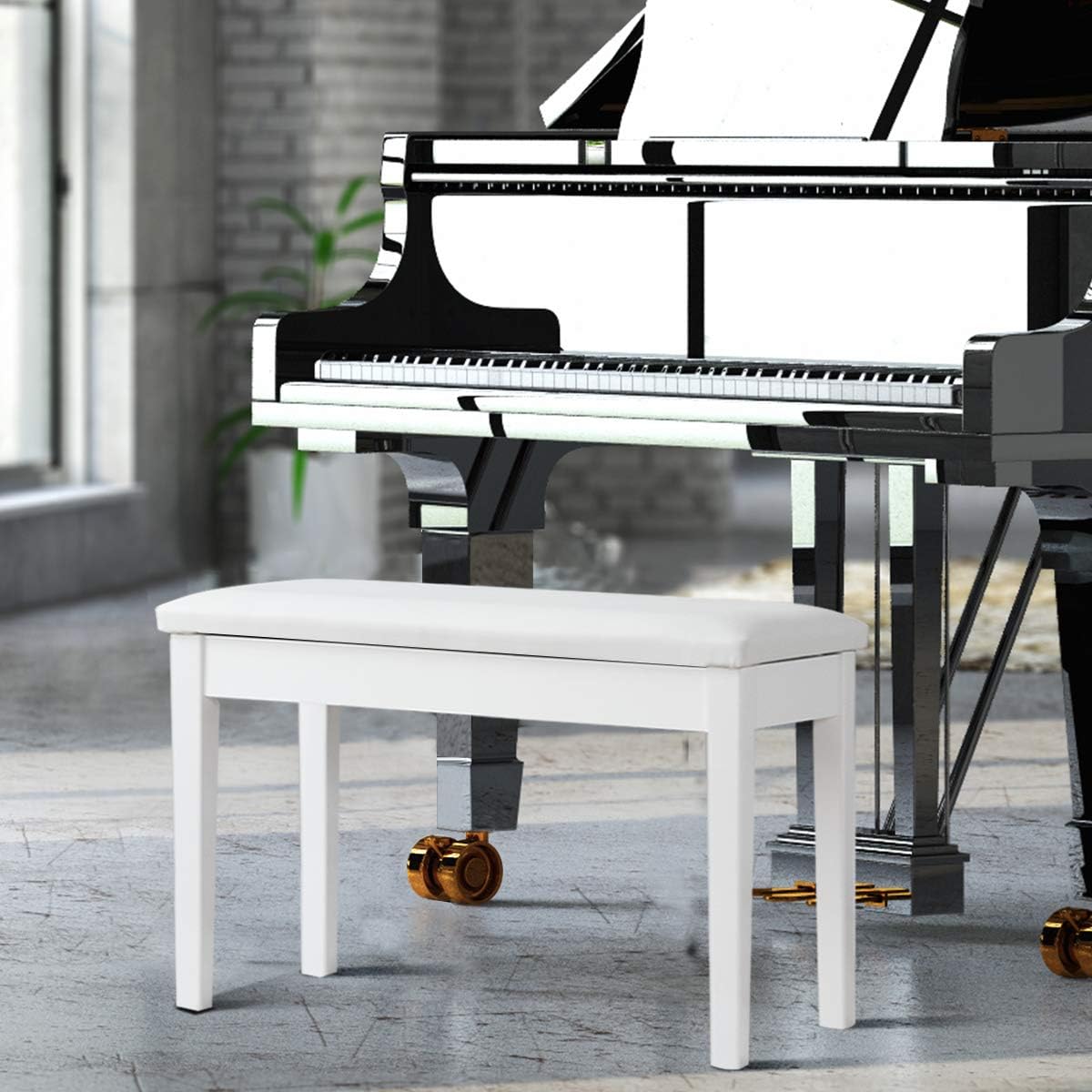 GOFLAME Piano Bench - Wooden Duet - Heavy Duty Piano Stool with Padded Cushion, Hidden Music Storage, Comfortable PU Leather Seat with Locking Hinges, Perfect for Home or Professional Use (White)