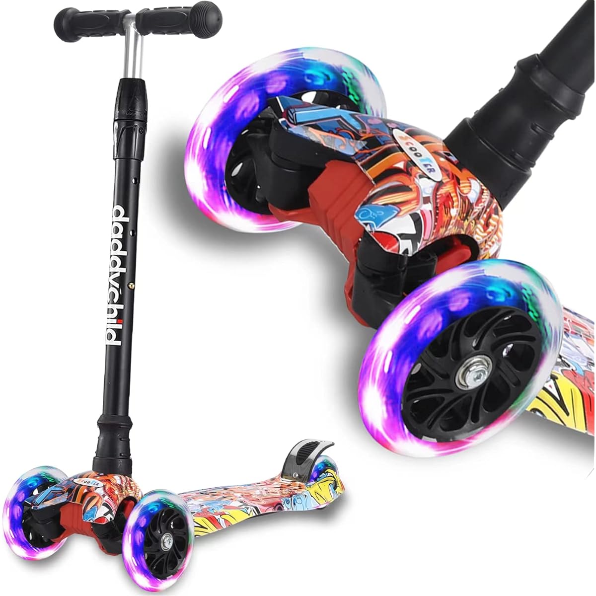 Kids Scooter 3 Wheel Kick Scooter for Toddlers Girls Boys 4 Height Adjustable Tilt Steer Extra Wide Deck Light Up Wheels for Kids Ages 3 to 14