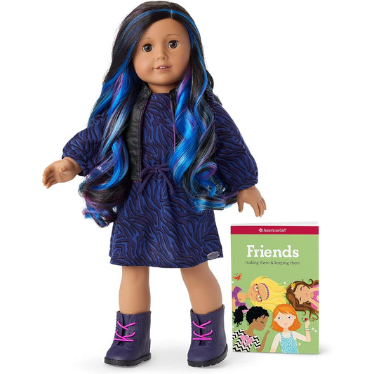 American Girl Truly Me 18" Doll #92 Brown Eyes Black-brown Curly Hair Blue & Purple Highlights Tan Skin Warm Neutral Undertones