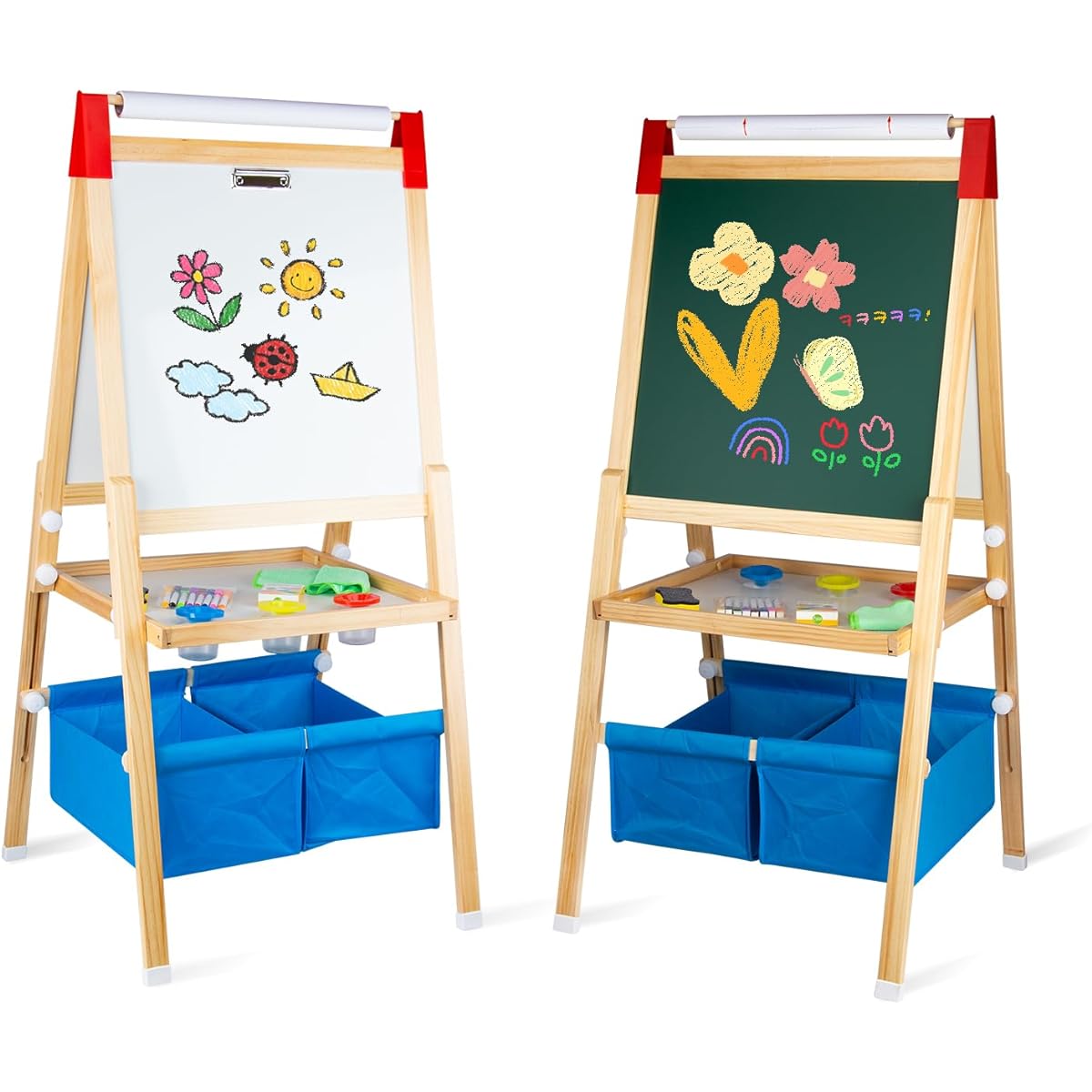 WOODENFUN Wooden Standing Art Easel for Kids 2-6 Adjustable Double Sided Drawing Board Whiteboard & Chalkboard Dry Easel Board with Paper Roll and Accessories for Boys Girls Drawing Gifts