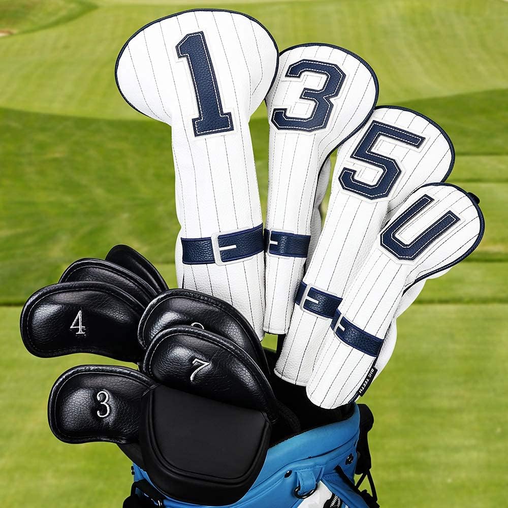 Big Teeth Golf Club Head Cover Wood Cover for Driver Fairway Wood Hybrid Set 135U with Number Tag Baseball Uniform Style Embroidery Series Synthetic Leather White Blue
