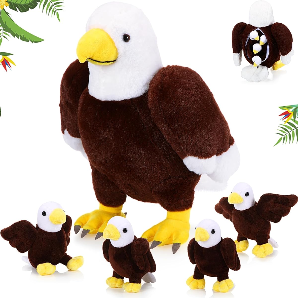 Lenwen Bald Eagle Plush Toy 5pcs Bulk 1 Mummy Eagle Stuffed Toy 4 Cute Babies Bald Eagle Stuffed Animal Wild Bald Eagle Stuffed Toy Boys Girls Birder Zoo Gift (Eagle)