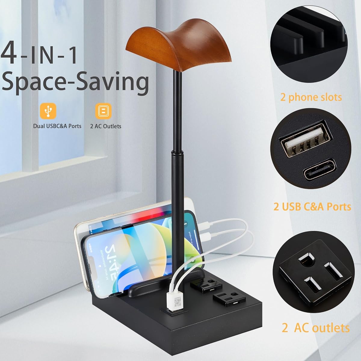 CASTLELIFE Headphone Stand, Desktop Gaming Headset Holder with 2 AC Outlets and USB C&A Port, Charging Station & Phone Stand, Wooden Earphone Table Gaming Accessories for Desktop Gamers, Black
