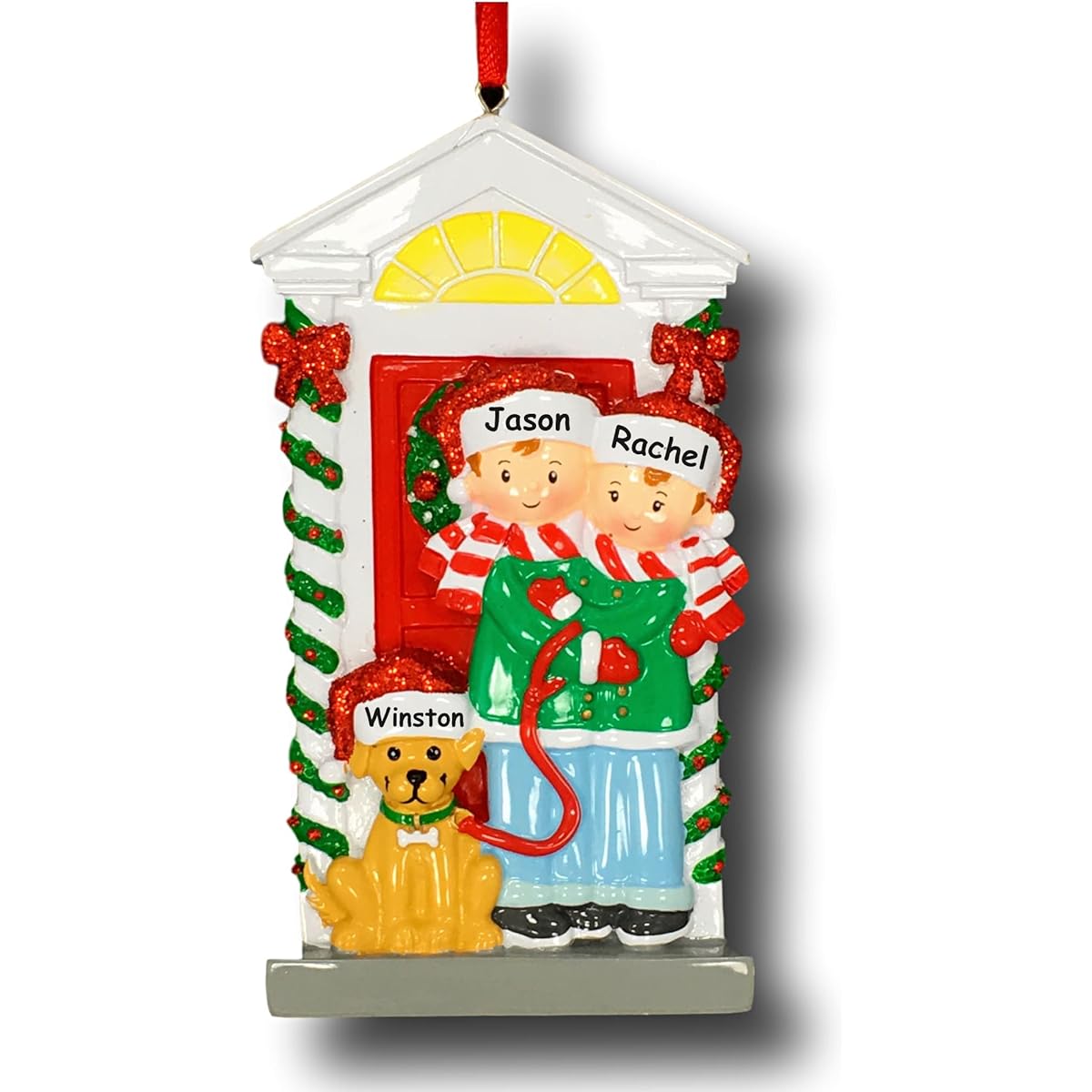 Personalized Glittered Christmas Couple with Dog Christmas Ornament with Couple's Names and Date