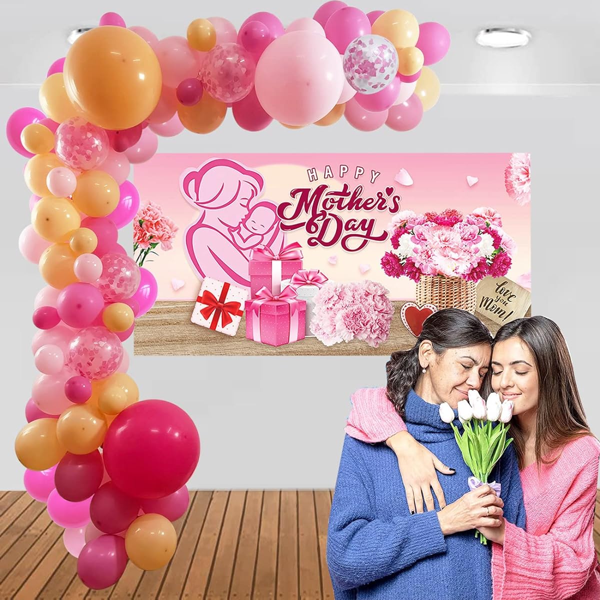 Happy Mother's Day Party Balloon Kit Decorations Hot Light Pink and Rose Red Mother's Day Background Balloons Set Happy Mother's Day Birthday Party Decorations Supplies