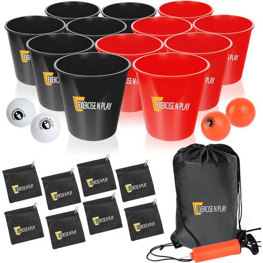 12 Pieces Giant Bucket Yard Pontos Game Set with Carry Bag, Exercise N Playtos Game Set with Bean Bags for Family Friends Wedding Party Indoor Outdoor Beach Red & Black
