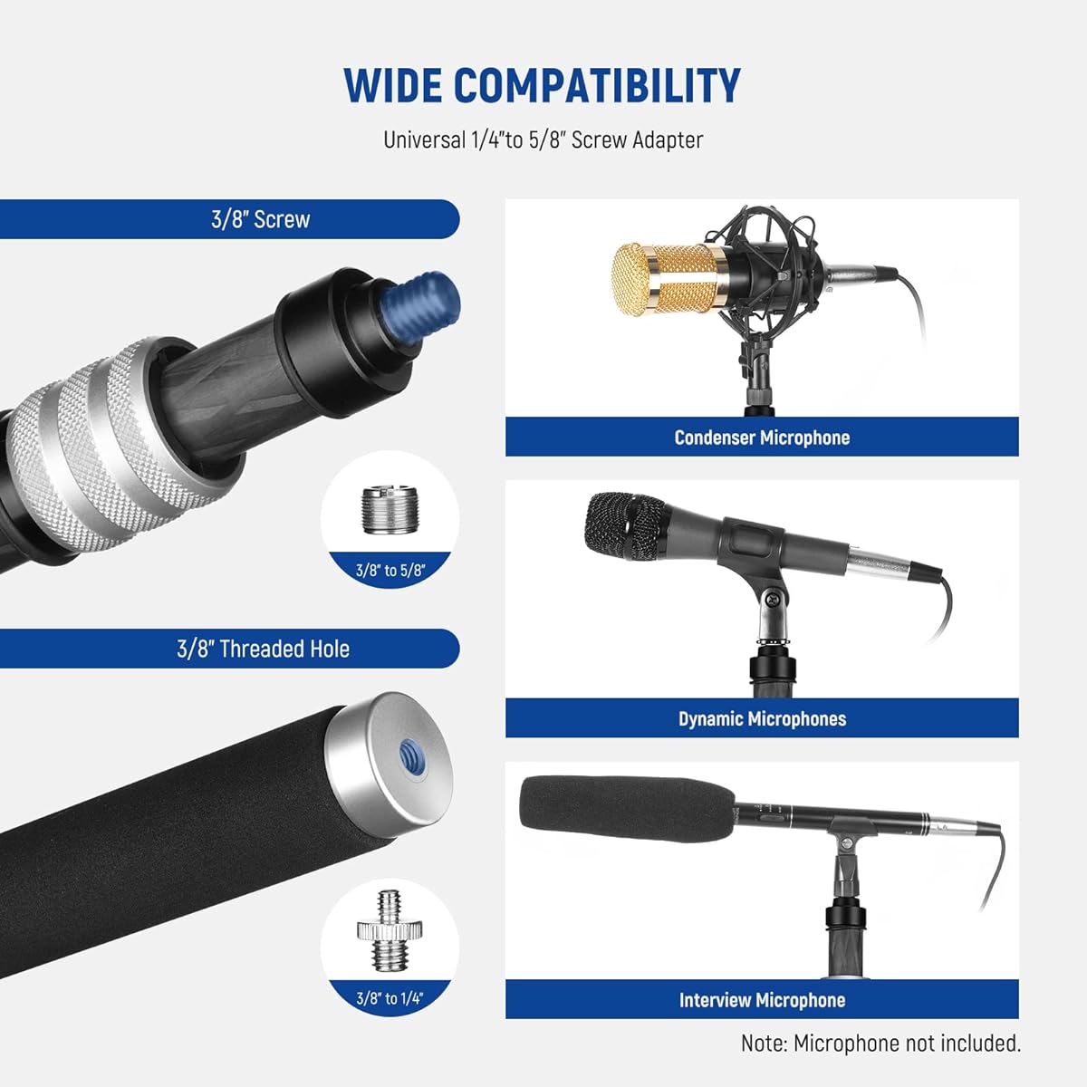 NEEWER Upgraded Microphone Boom Pole 9.8ft/300cm Telescoping Carbon Fiber Microphone Boom Arm 5 Sections 1/4" 3/8" 5/8" Thread Adapter Cable Strap Shoulder Strap Storage Bag MS-300C