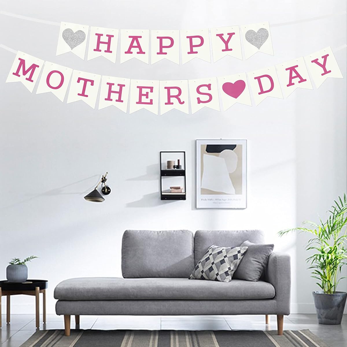 Happy Mother's Day Banner Mother's Day Bunting Sign Party Decoration Pink Letters Silver Glitter Heart Design Mother's Day Decoration Banner