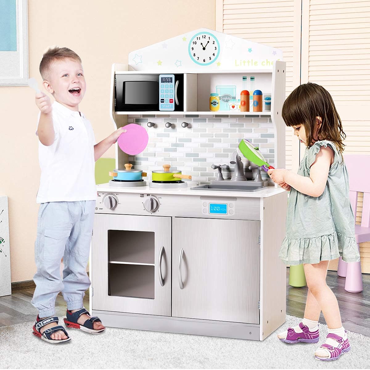 HONEY JOY Kids Kitchen Playset Boys Pretend Play Kitchen Toddler with Removable Sink, Microwave, Cookware and Large Storage Cabinets Wooden Toy Kitchen Set for Boys and Girls Ages 3+ (Grey)