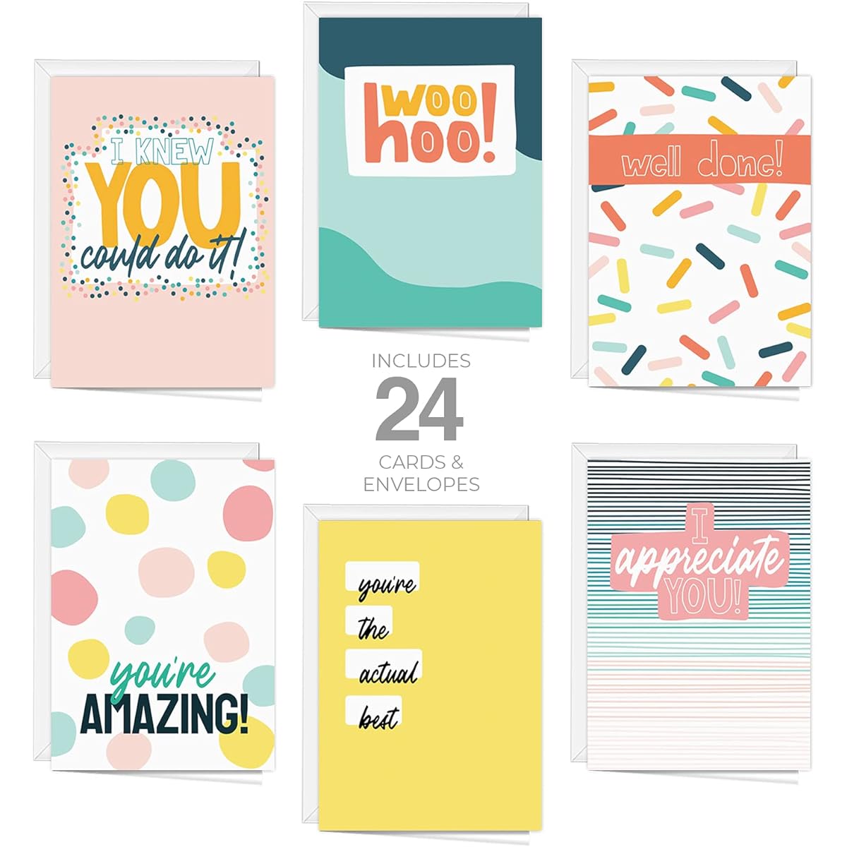 Modern Appreciation Note Cards/Greeting Cards Set of 24 / 3 1/2" x 4 7/8" Blank Cards / 6 Vibrant Motivational Designs