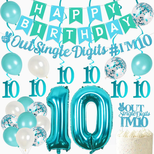 10th Birthday Decorations for Girls Teal - Peace Out 1 Digit I'm 10 Garland & Cake Topper Turquoise Happy Birthday Banner Number 10 Balloons 2 Digit Birthday Party Supplies