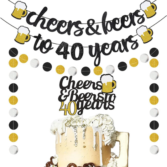 40th Birthday Decorations, 40th Anniversary Decorations for Men Women, Cheers to 40 Years Old Banner, 40th Cake Topper, Black Gold Sparkly Circle Dot Garland for 40th Birthday, Wedding Party Supplies Decorations