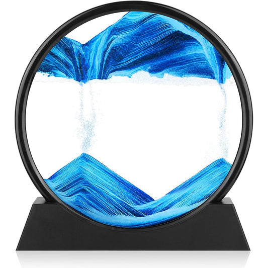 3D Sand Art, Moving Sand Art with Round Glass, 3D Deep Sea Sandscape Motion Display Flowing Arcs Sand Frame, Relaxing Desktop Home Office Work Decor Room Decoration [12ft Blue]