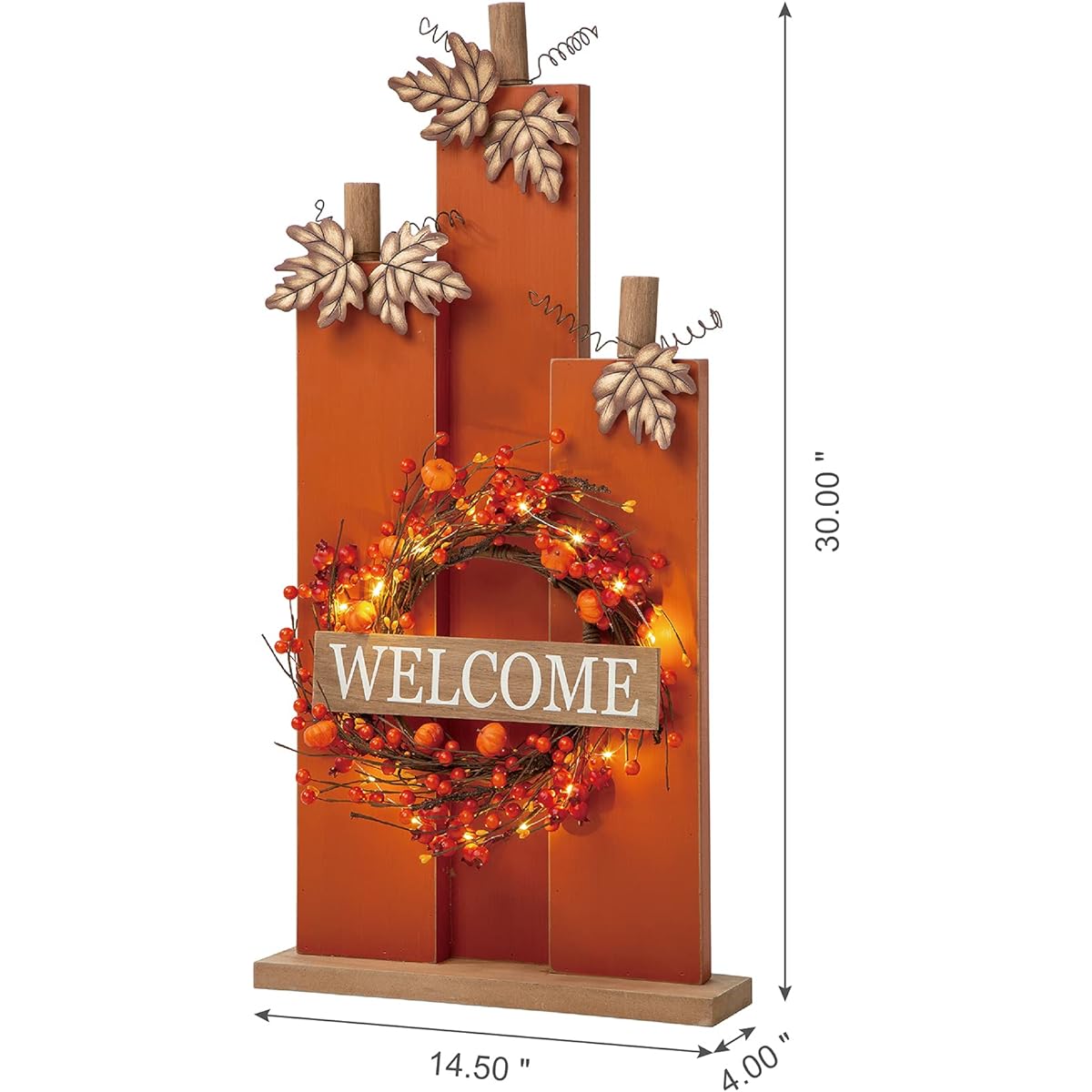 glitzhome 30" Tall Welcome Fall Sign with Lighted Wreath, Wooden Pumpkin Porch Sign, Pumpkin Welcome Sign for Home or Garden