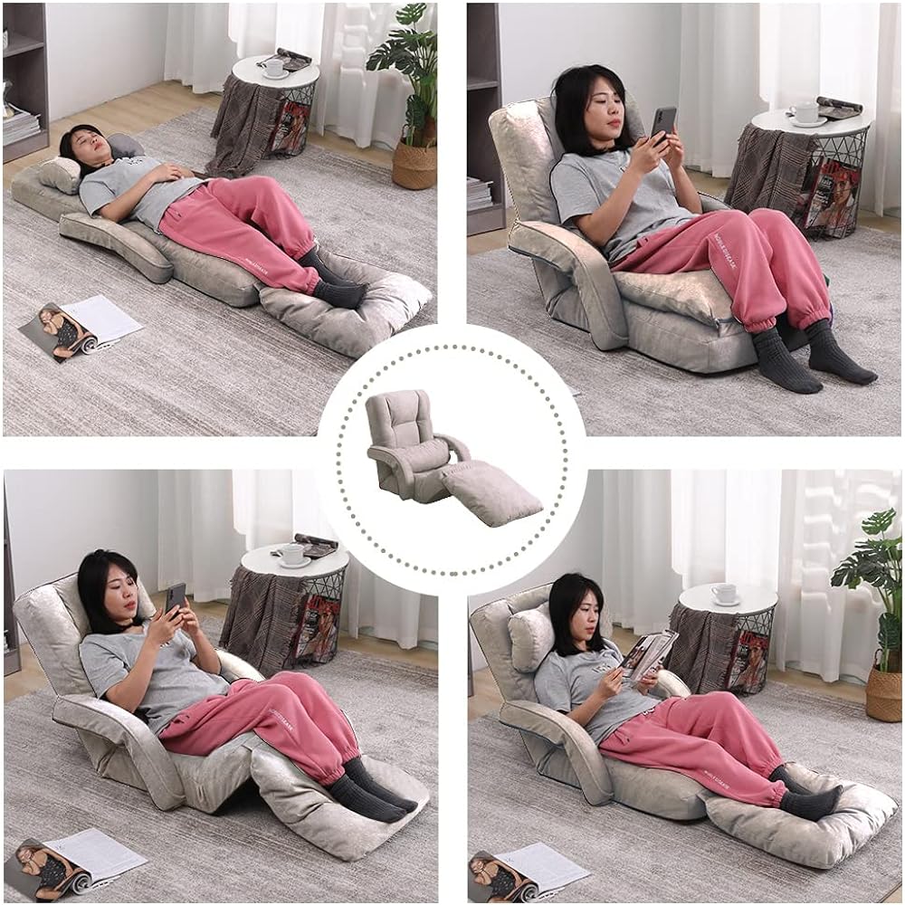 KyoDa Seat Sofa with Armrest, Reclining, High Back with Cushion, Folding, 14 Level Adjustment, Fuwafua Leg Rest, Floor Chair JP-8802-BE
