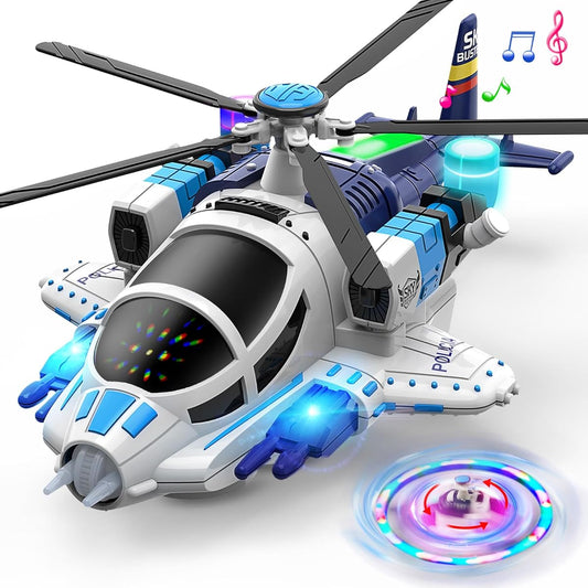 Geyiie Music Helicopter Car 360° Freedom Auto Steering Electric Melody Diecast Toy Chopper with Rotating Propellers Boys Birthday Party Favors
