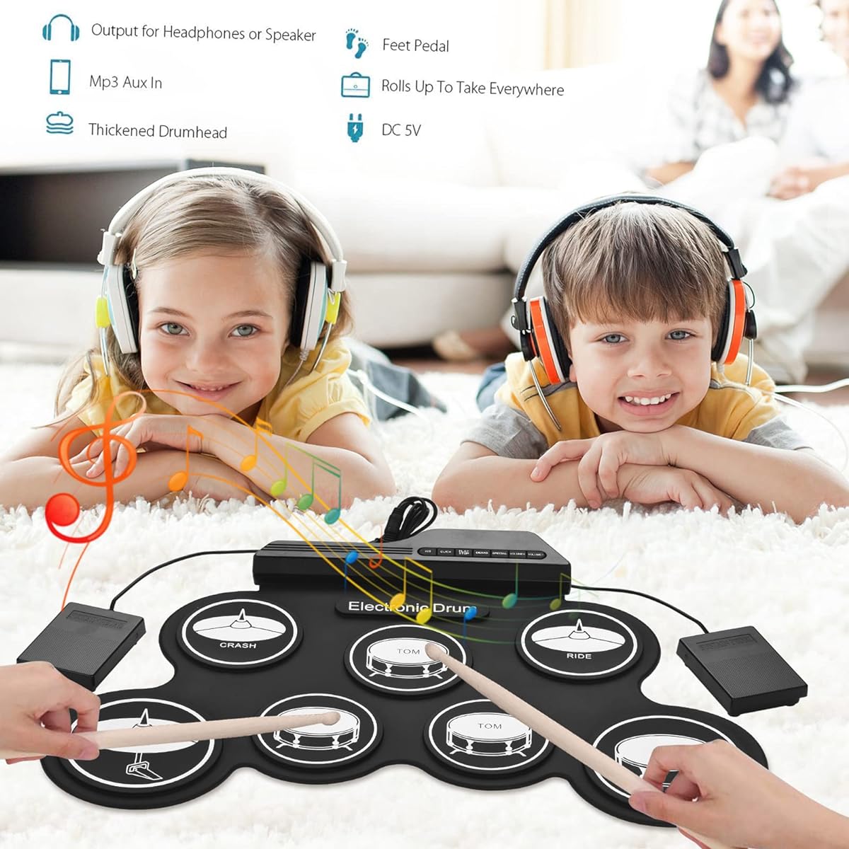 summina Electronic Drum USB Roll Up Silicone Drum Set Digital Electronic Drum Kit 7 Drum Pads Drum Sticks Foot Pedal Beginner Children Kids