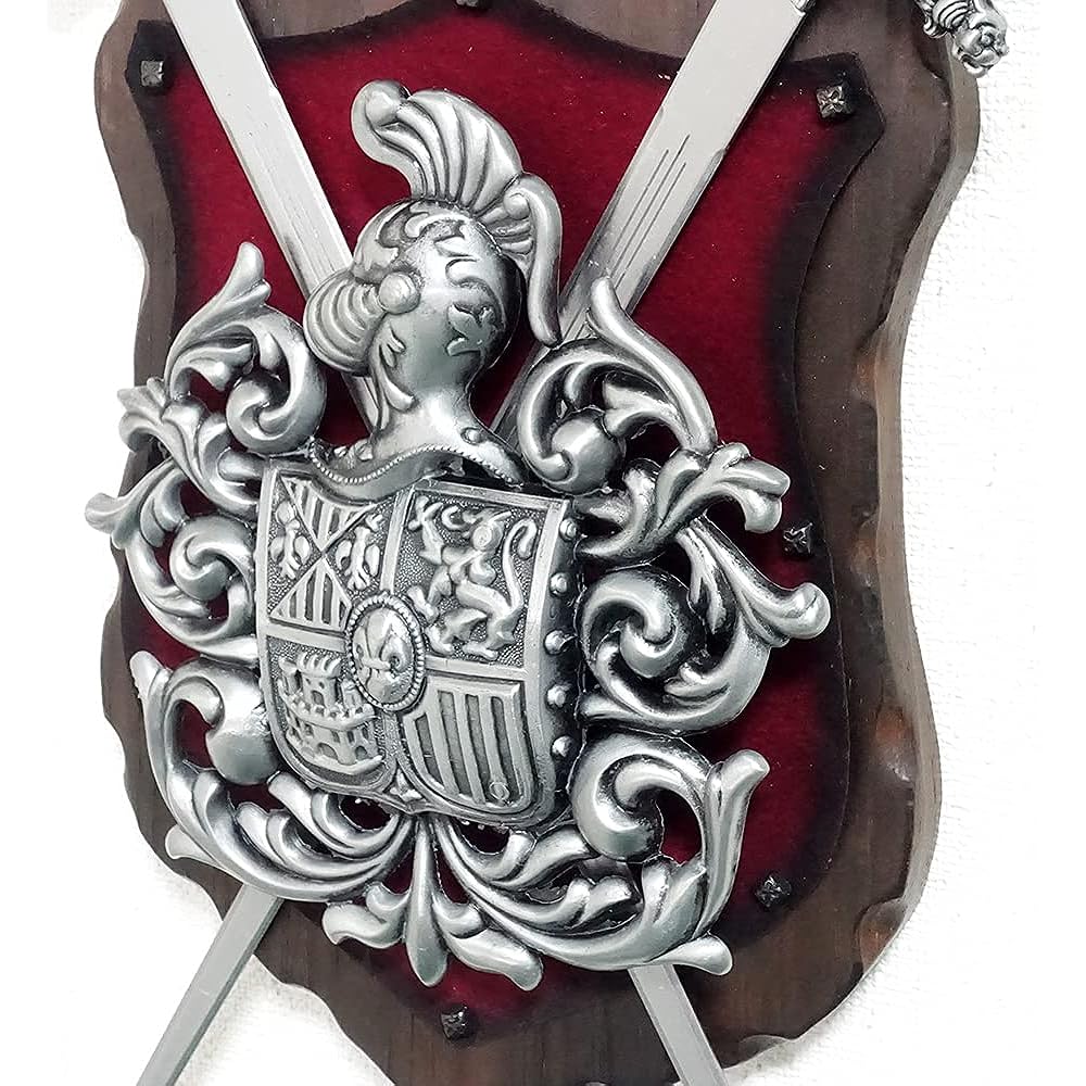 Made in Spain Western Arms Wall Hanging Medieval Knight Panopria Damask Crest Armor Antique Style Sword Sword Spear Shield Wood Shield Replica sko-585