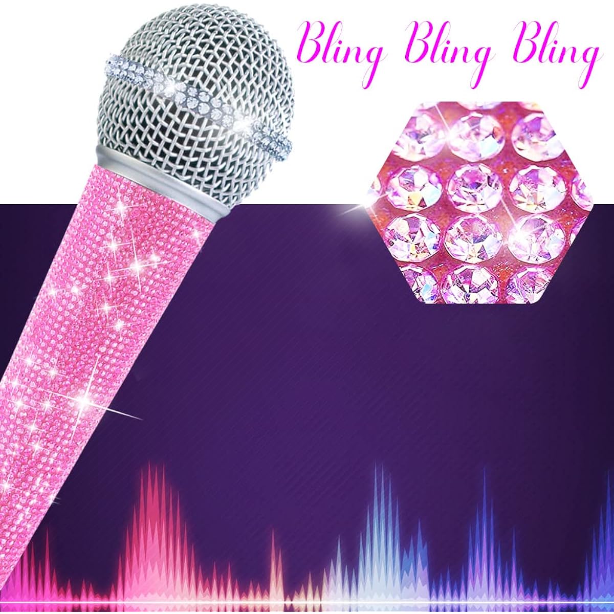 RhymKawa RS58 Pink Bling Cardioid Dynamic Vocal Wired Microphone for Singing Karaoke Microphone with Metal Handheld & Glitter Crystal Cover