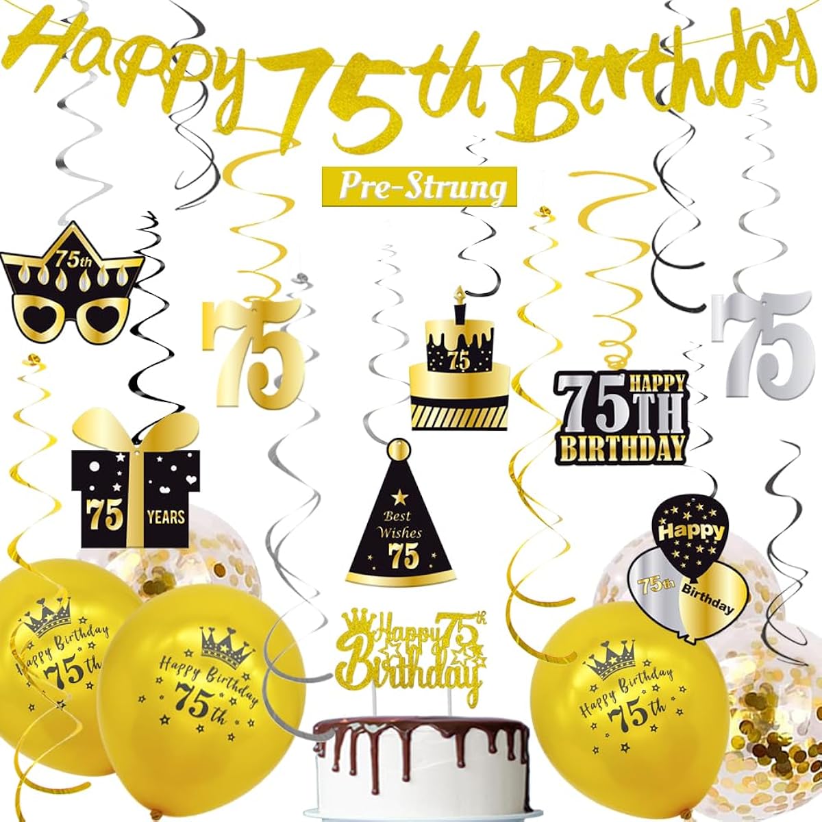 WOJOGO 75th Birthday Decorations for Men Gold Black, 75th Birthday Decorations for Men Women Happy 75th Birthday Banner Hanging Swirl Birthday Cake Topper Balloon Decoration Kit Party Supplies